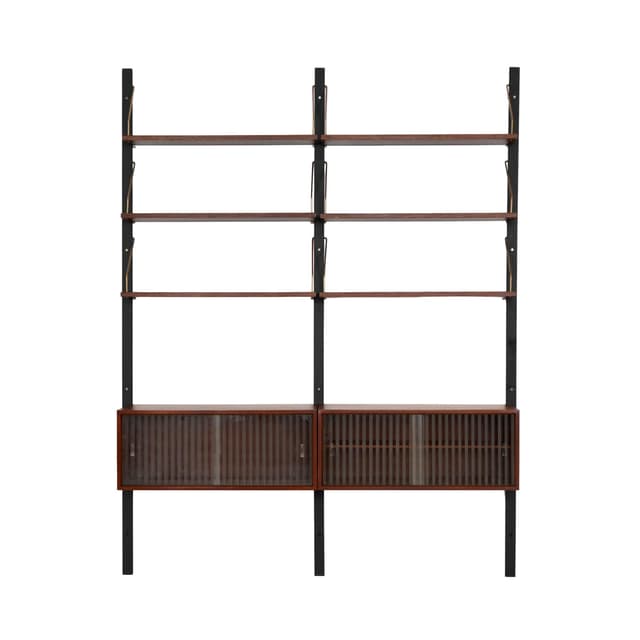 Shelving unit, brown teak, black metal, transparent glass, Denmark, 1960s. - DIMENSION