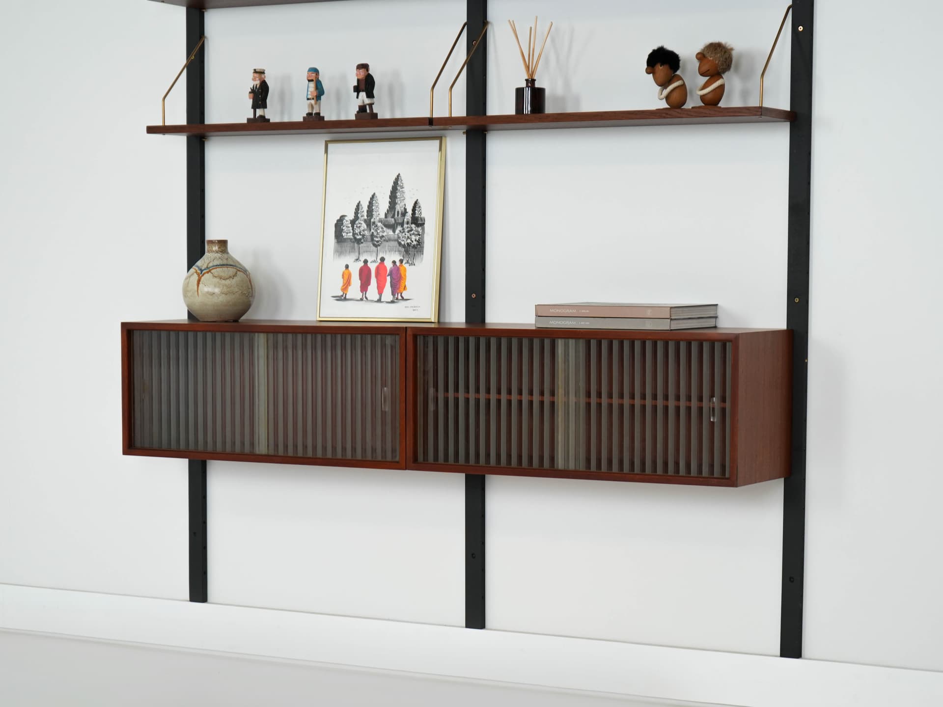 Shelving unit, brown teak, black metal, transparent glass, Denmark, 1960s. - 303328