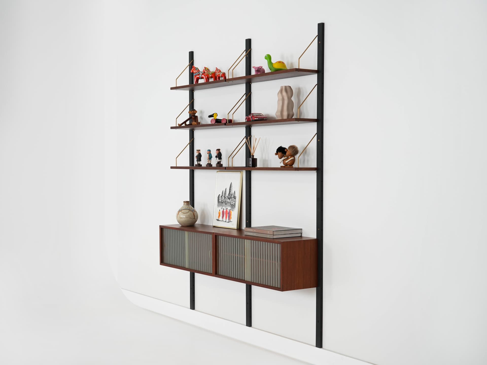 Shelving unit, brown teak, black metal, transparent glass, Denmark, 1960s. - 303329