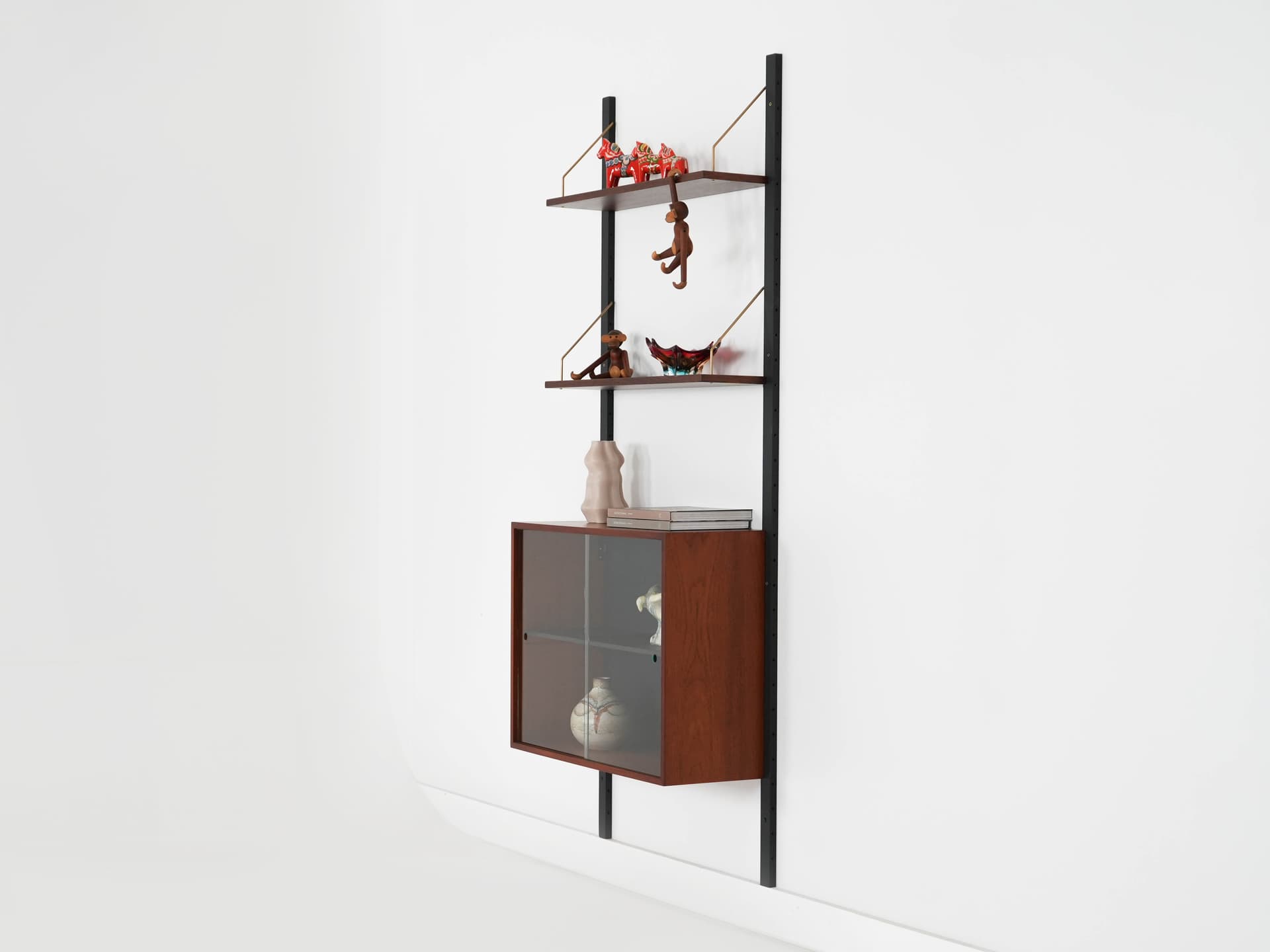 Shelving unit, brown teak, black metal, transparent glass, Denmark, 1960s. - 303343