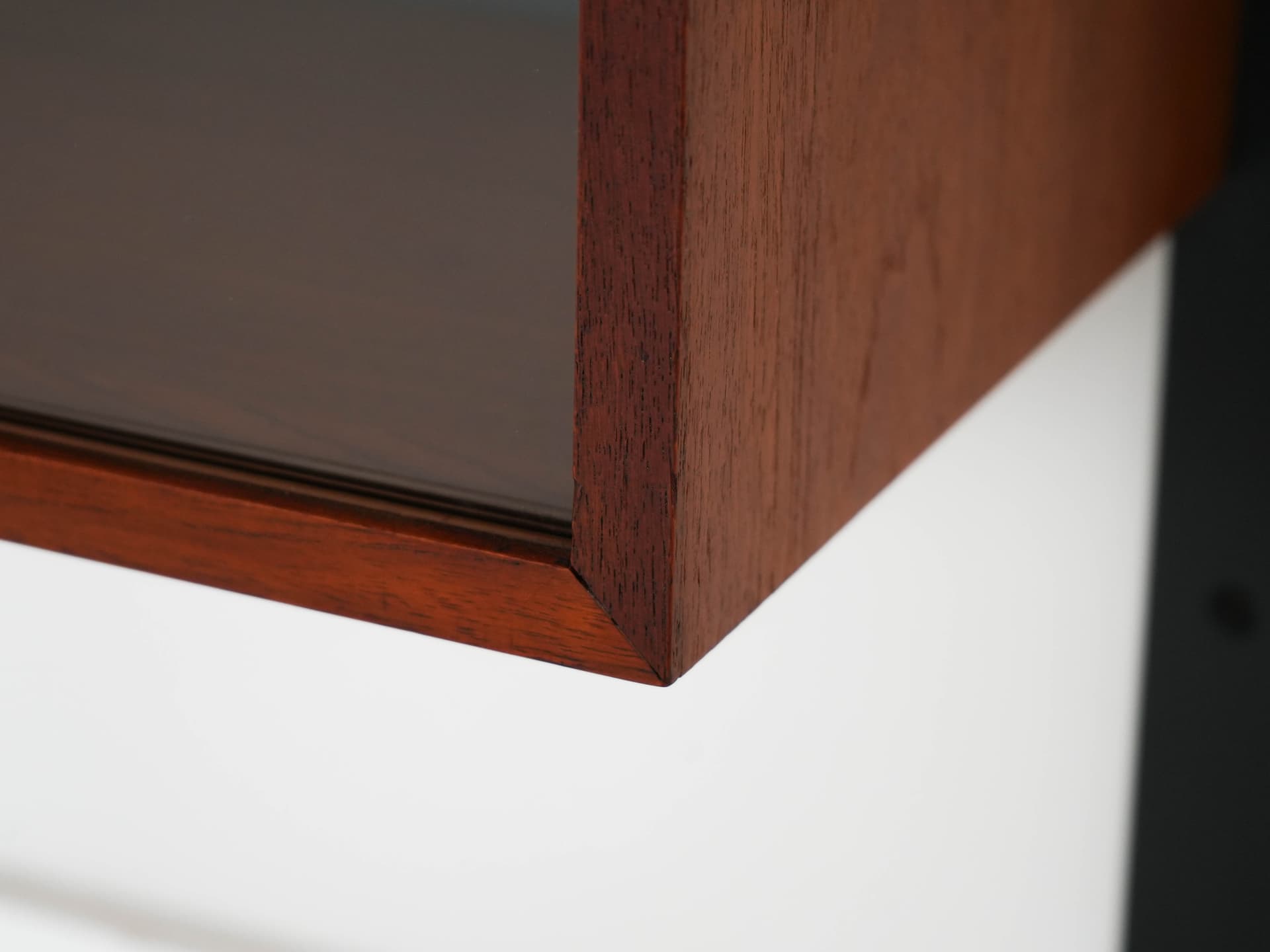 Shelving unit, brown teak, black metal, transparent glass, Denmark, 1960s. - 303349