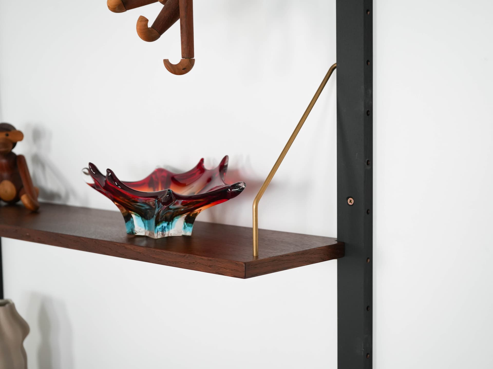 Shelving unit, brown teak, black metal, transparent glass, Denmark, 1960s. - 303346
