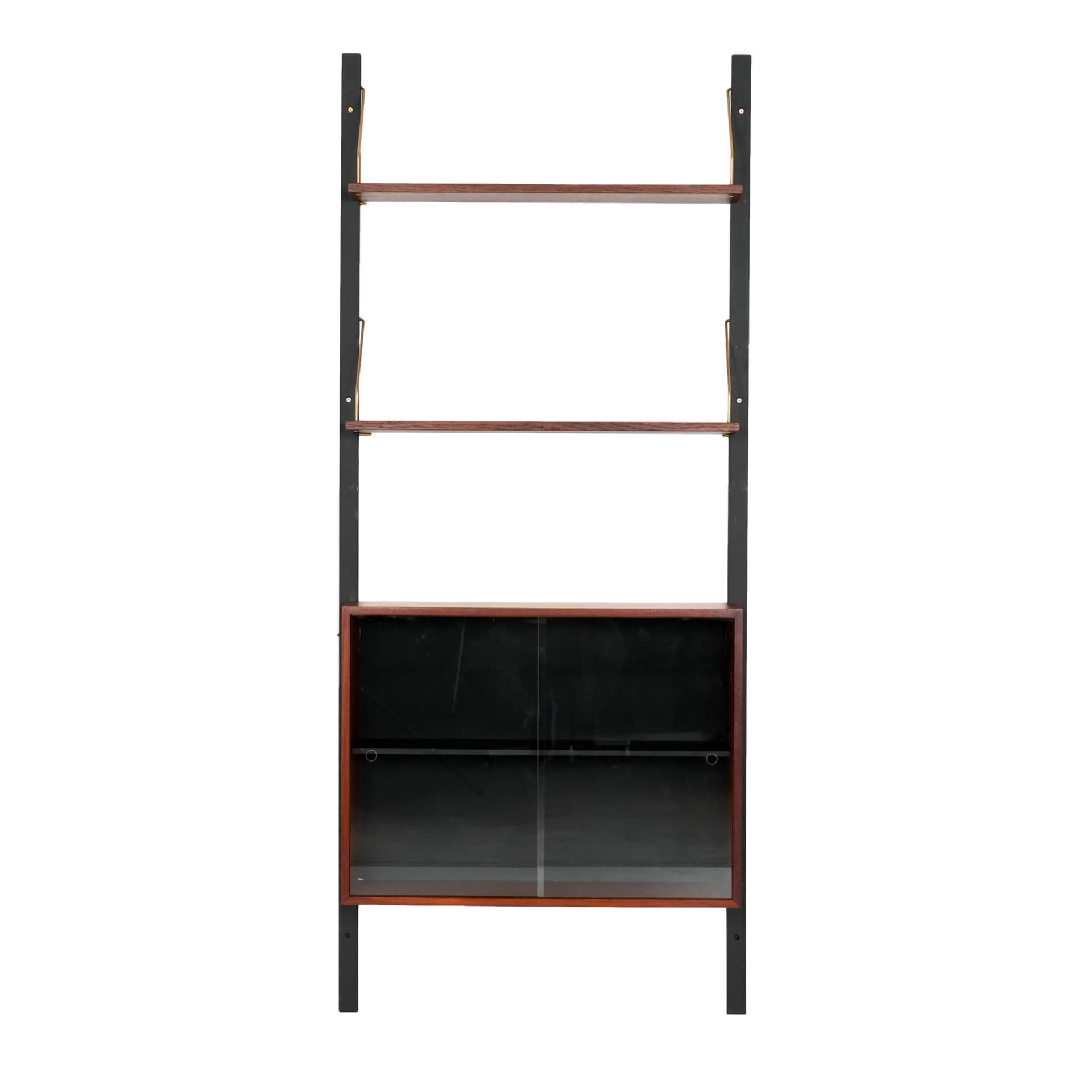 Shelving unit, brown teak, black metal, transparent glass, Denmark, 1960s.