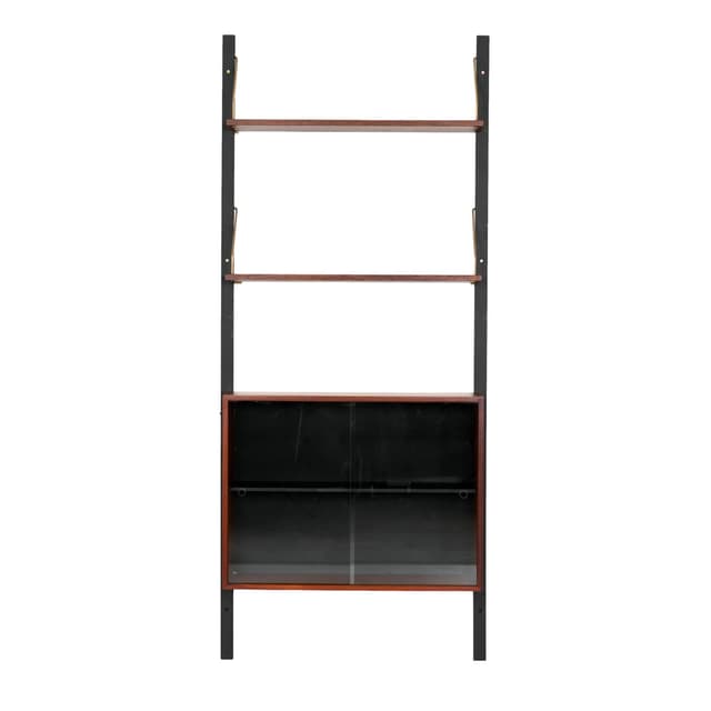 Shelving unit, brown teak, black metal, transparent glass, Denmark, 1960s. - DIMENSION