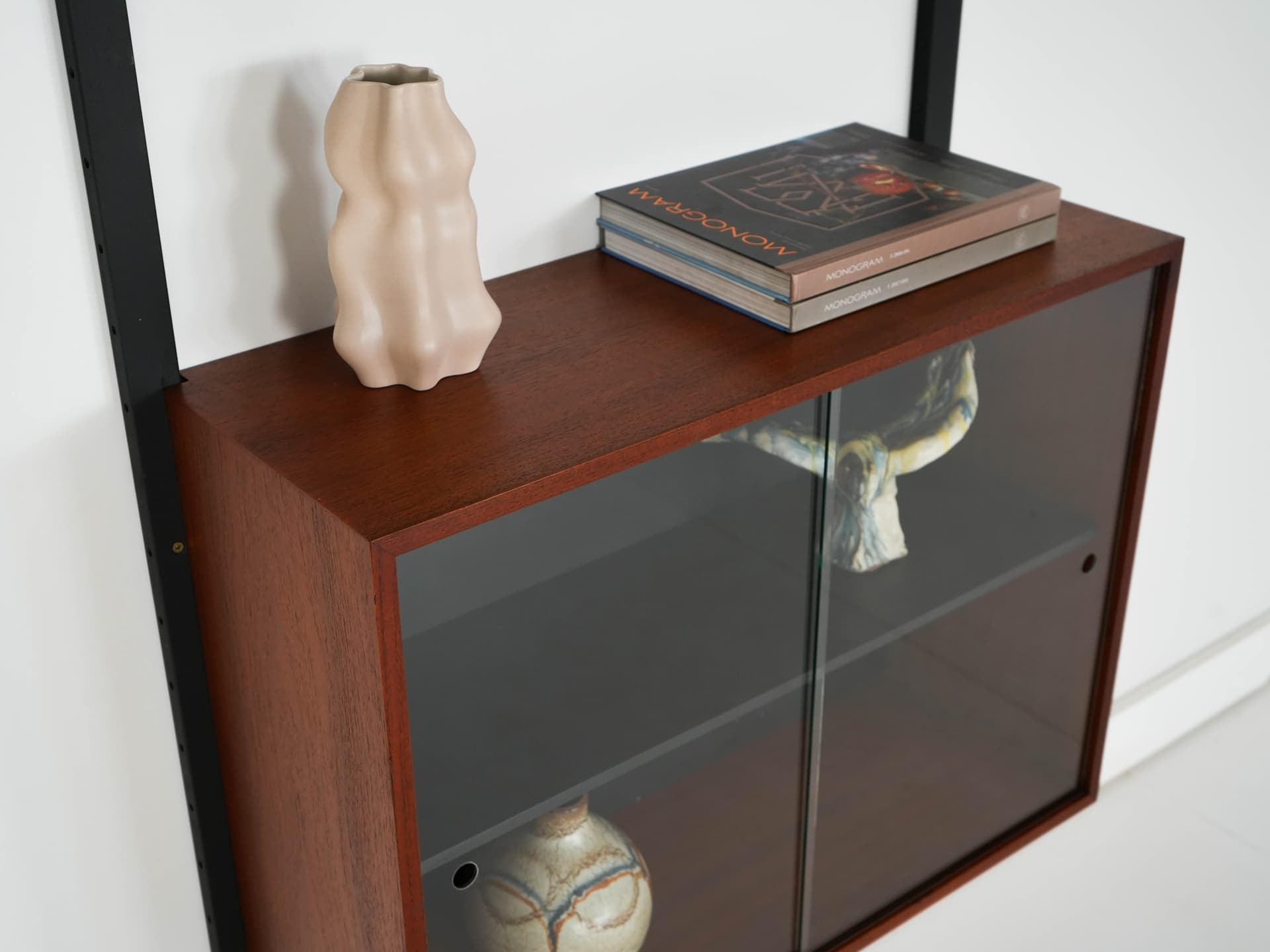 Shelving unit, brown teak, black metal, transparent glass, Denmark, 1960s. - 303352