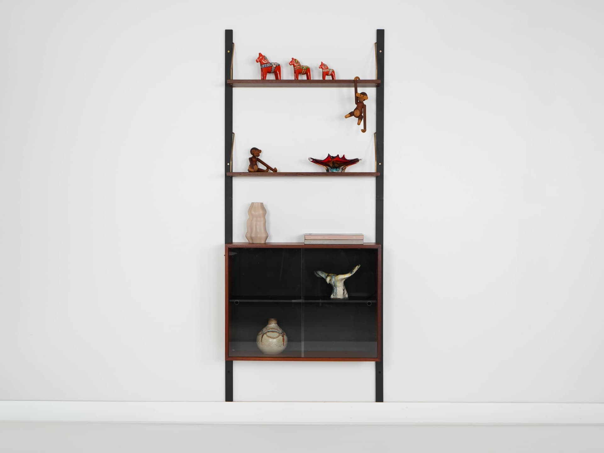 Shelving unit, brown teak, black metal, transparent glass, Denmark, 1960s. - 303345