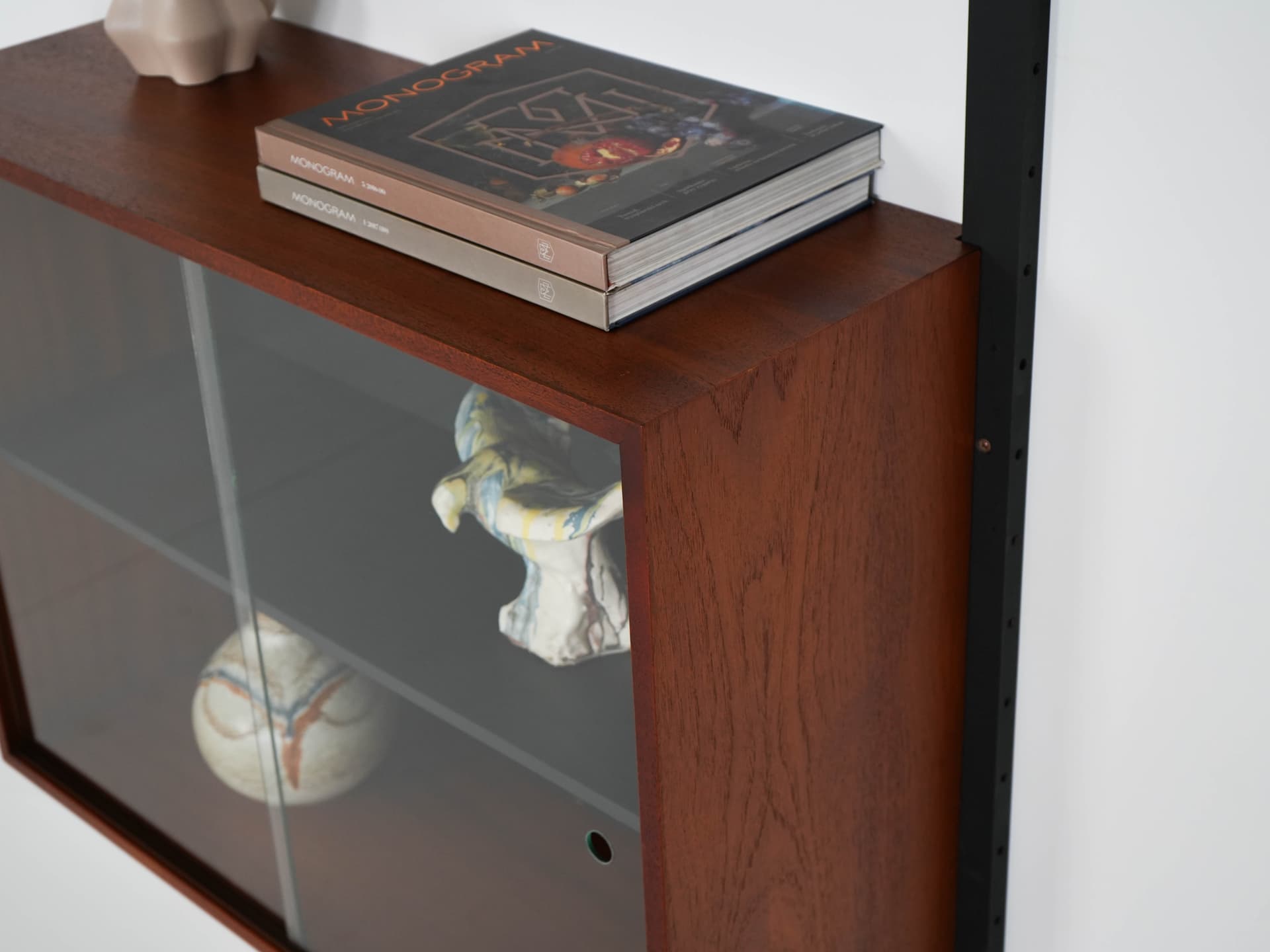 Shelving unit, brown teak, black metal, transparent glass, Denmark, 1960s. - 303351