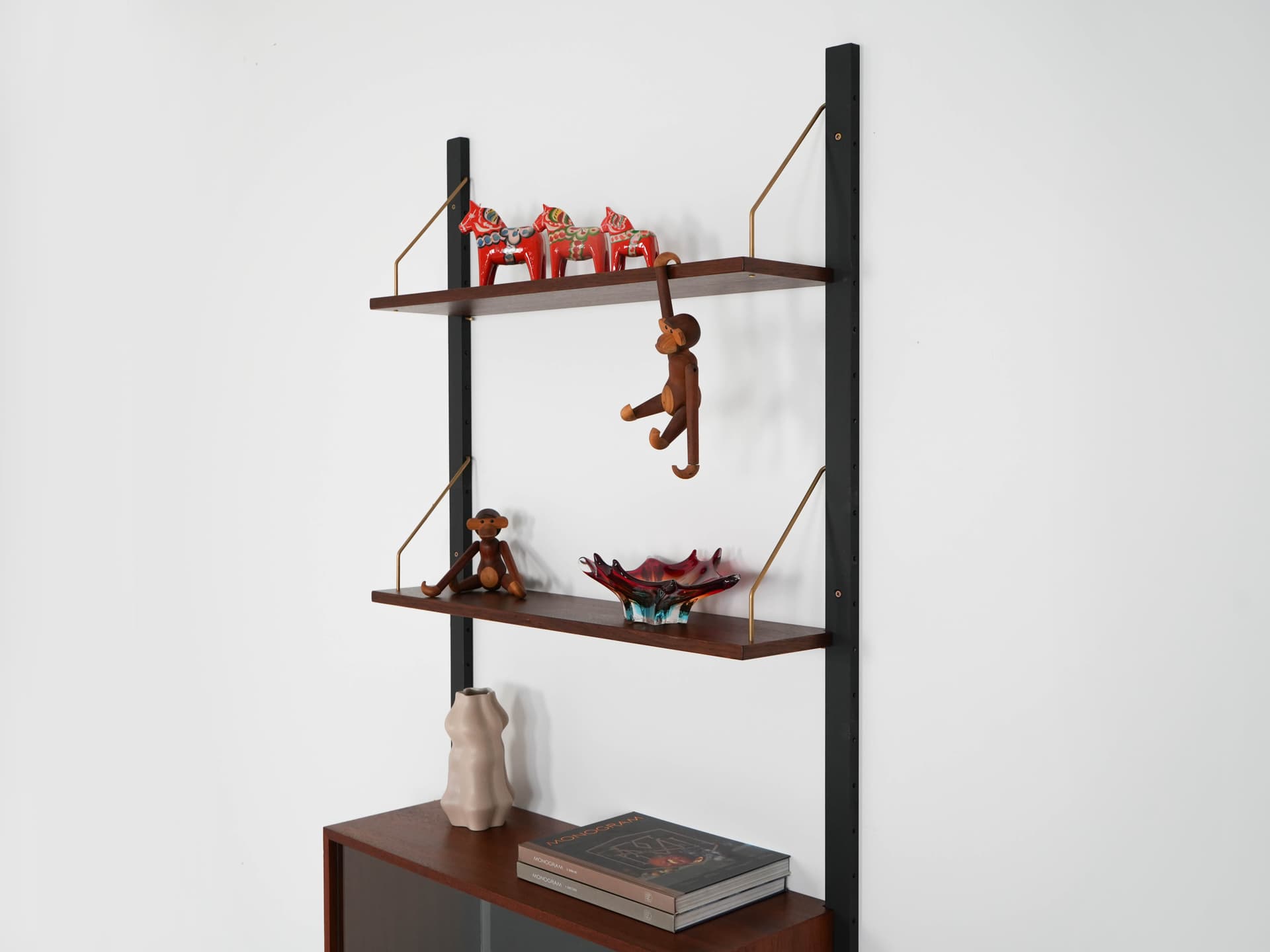 Shelving unit, brown teak, black metal, transparent glass, Denmark, 1960s. - 303353