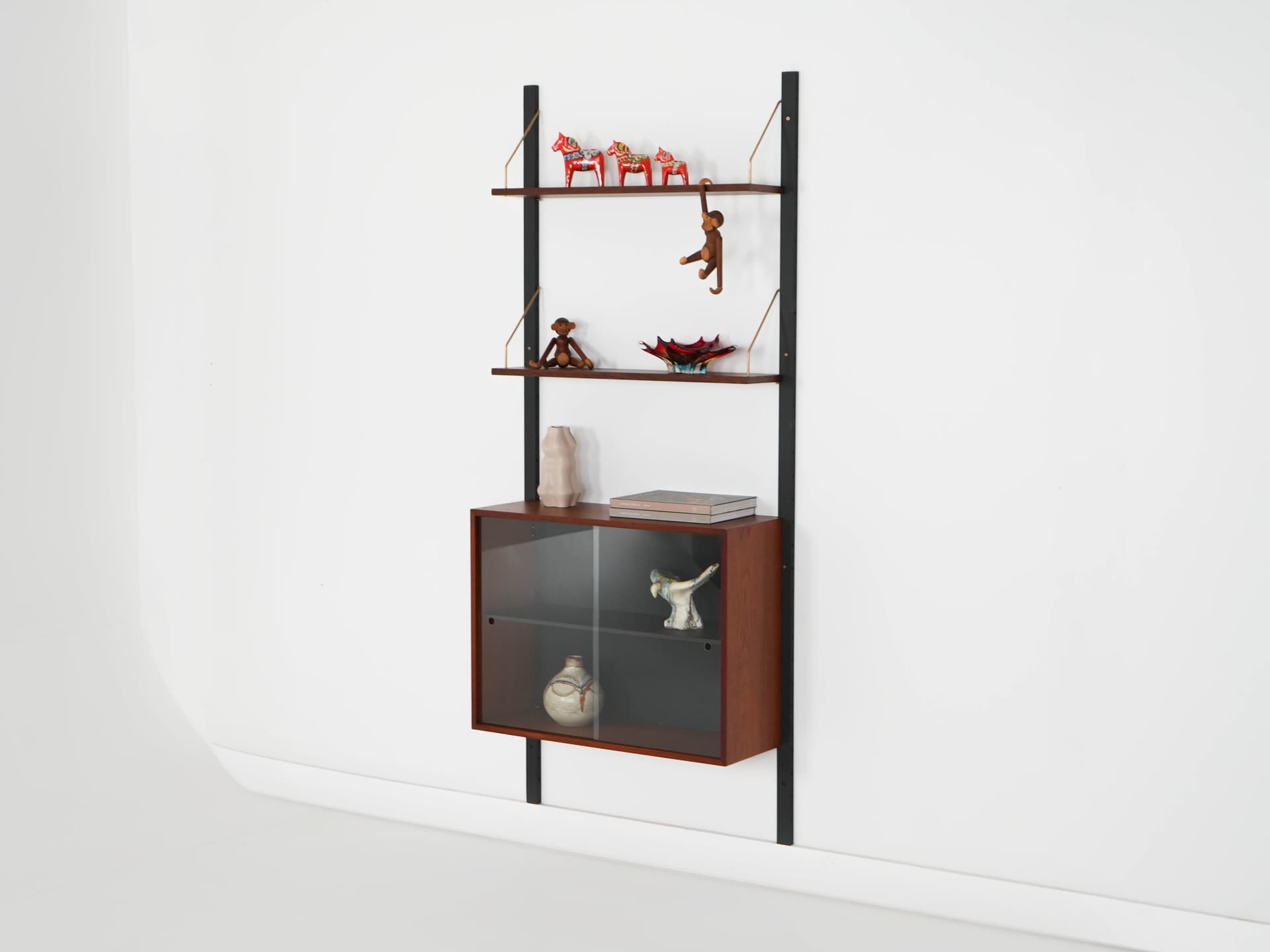 Shelving unit, brown teak, black metal, transparent glass, Denmark, 1960s. - 303342