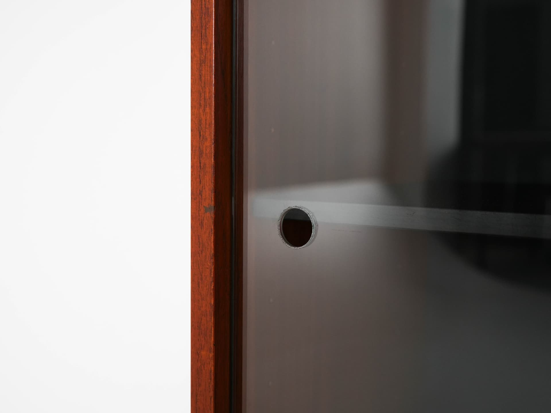 Shelving unit, brown teak, black metal, transparent glass, Denmark, 1960s. - 303350