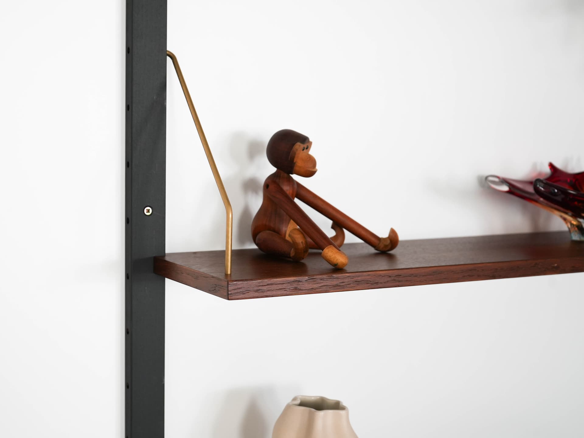 Shelving unit, brown teak, black metal, transparent glass, Denmark, 1960s. - 303344