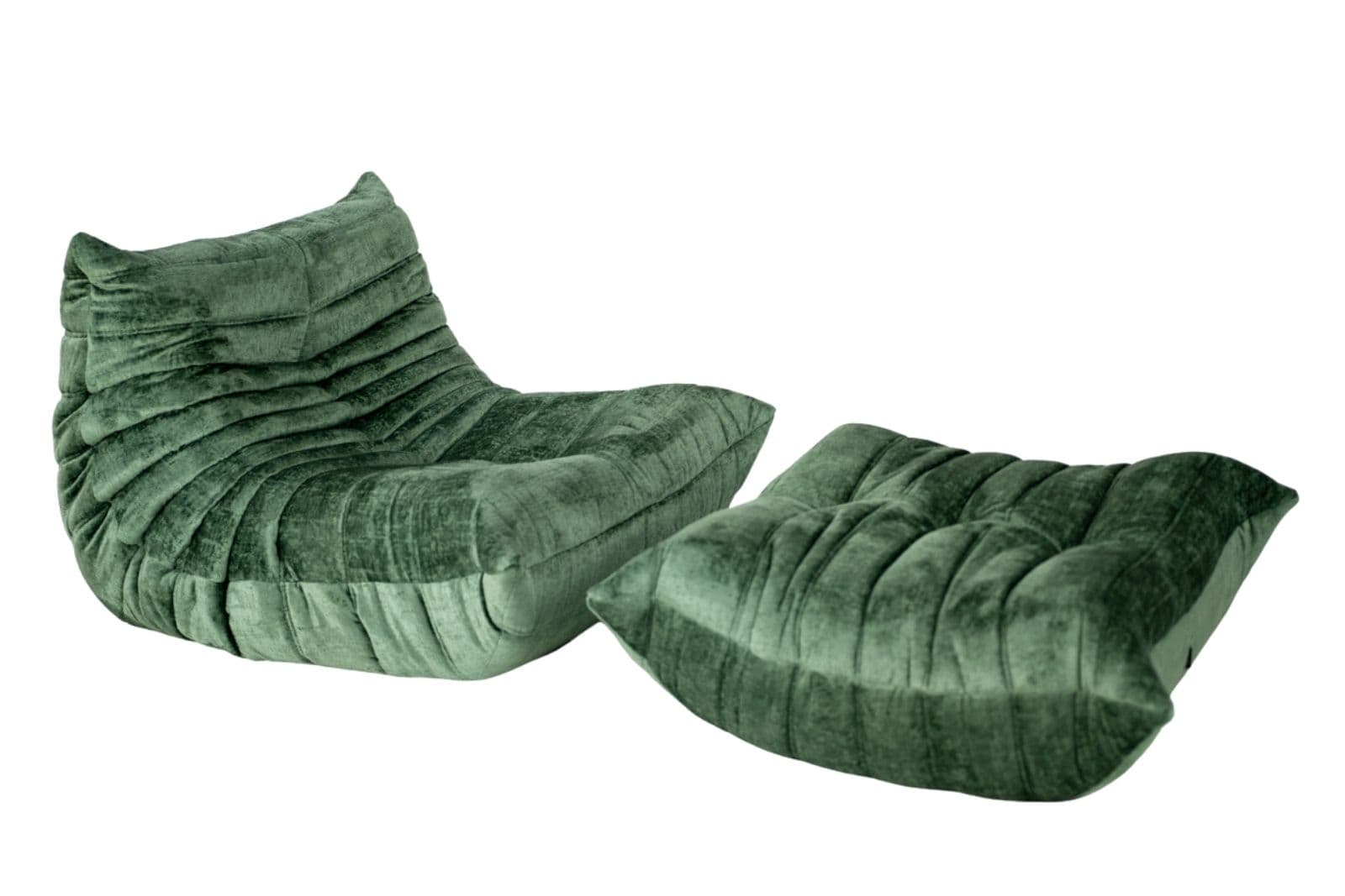 Fotel wypoczynkowy Togo z podnóżkiem, washed velvet forest green