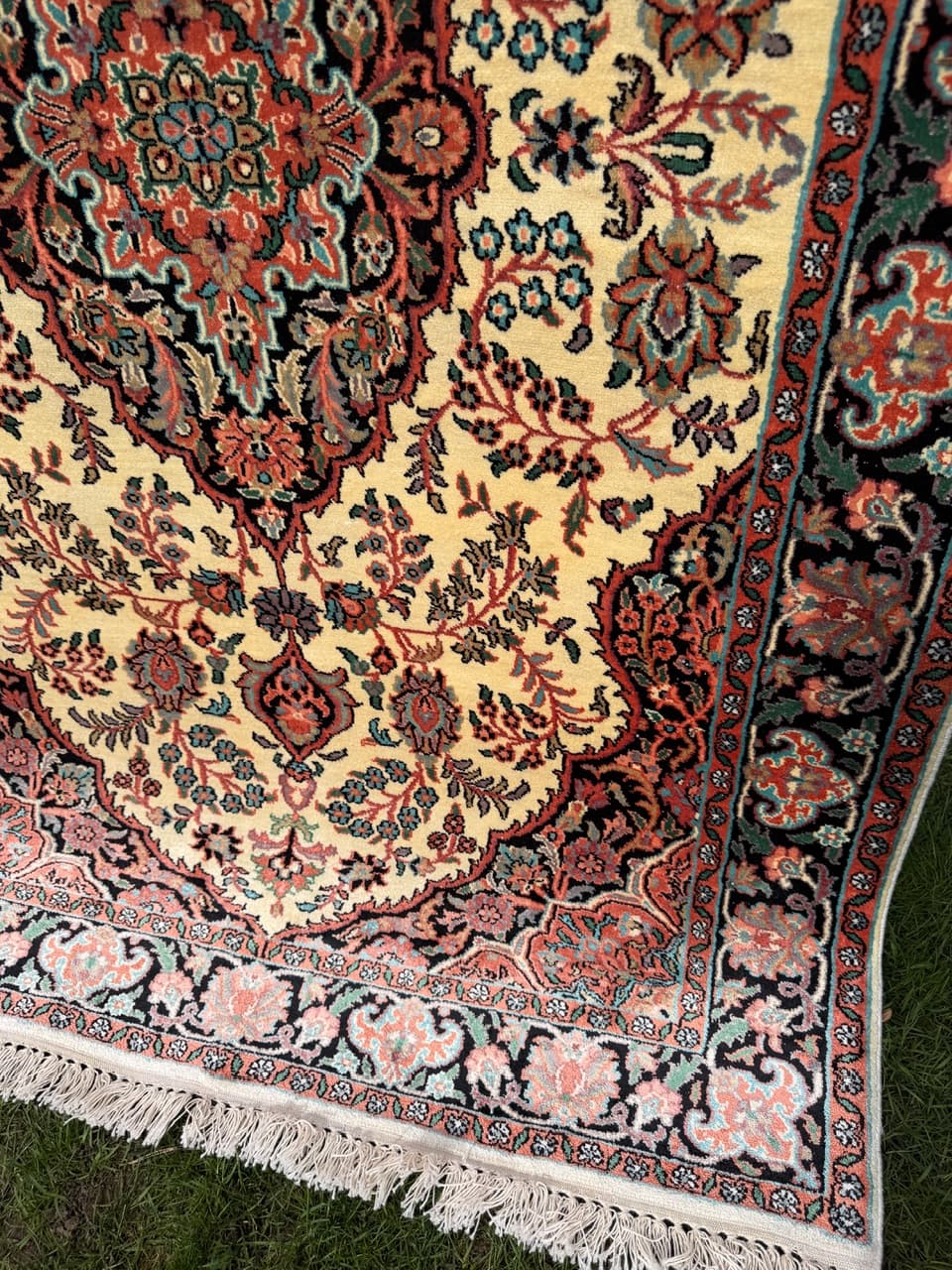 Rug Ghoum, 200x125 cm, cream silk, cotton, India - 303794