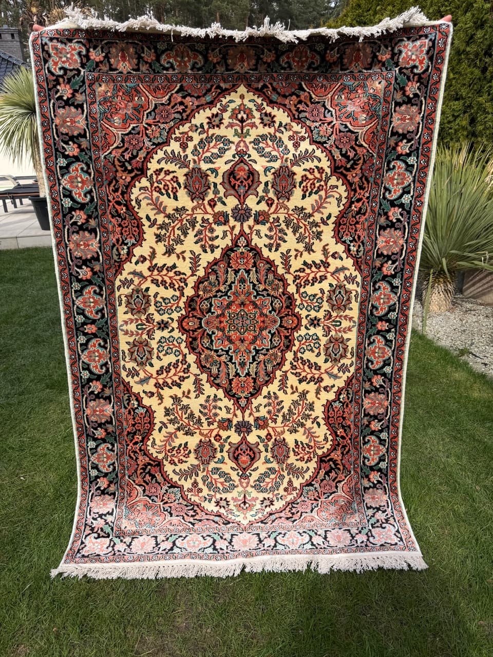 Rug Ghoum, 200x125 cm, cream silk, cotton, India - 303793