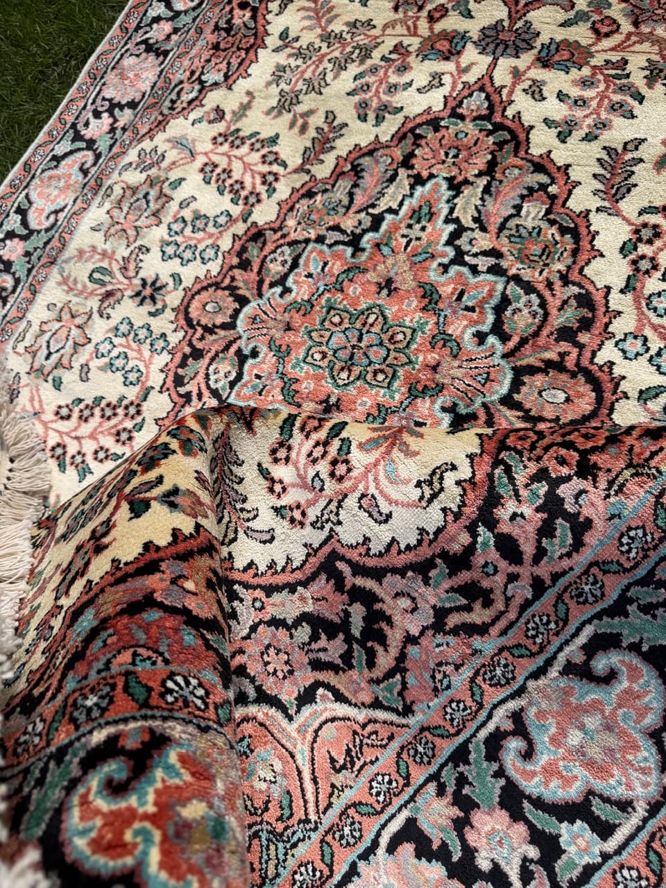 Rug Ghoum, 200x125 cm, cream silk, cotton, India - 303805