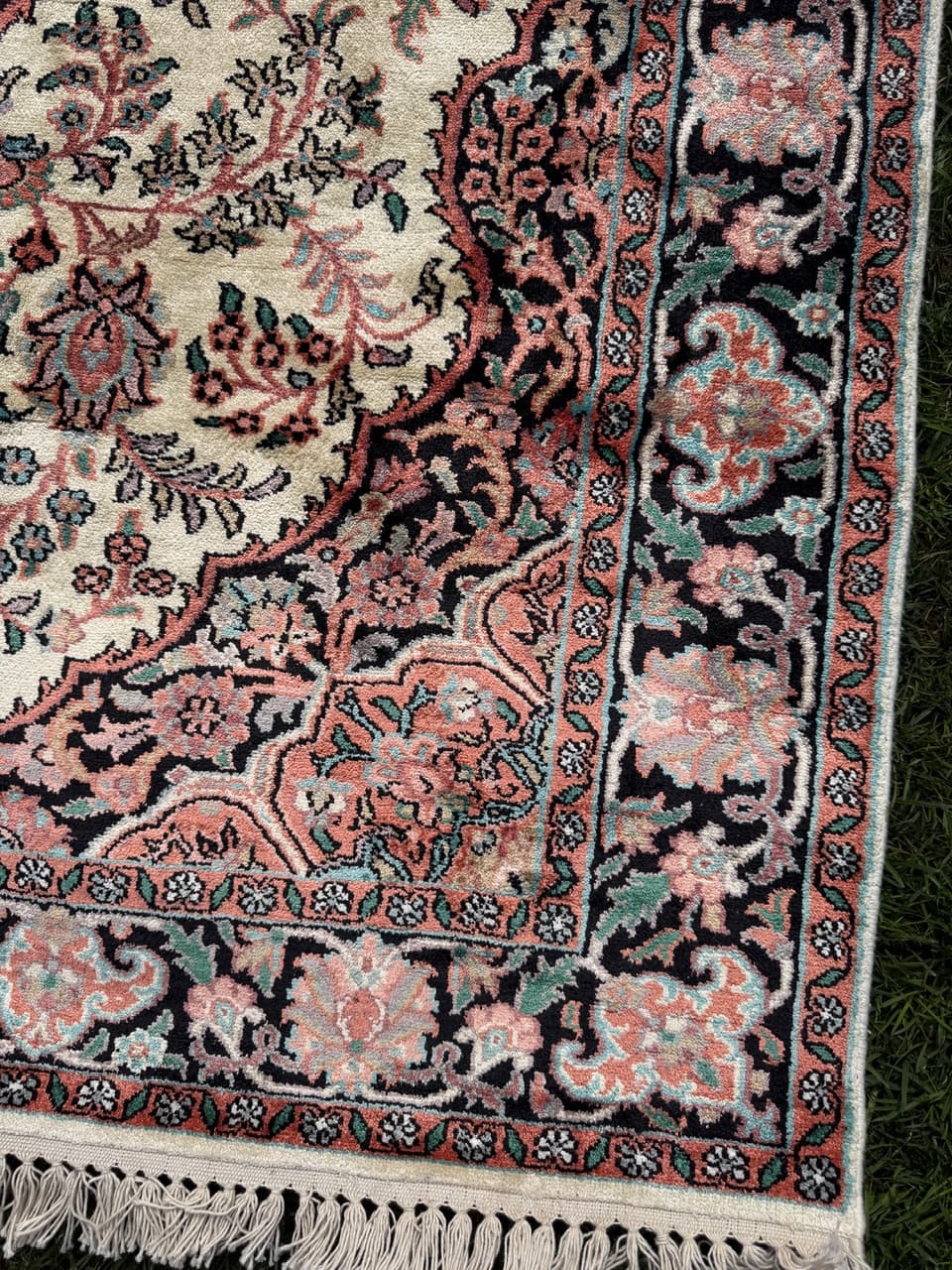 Rug Ghoum, 200x125 cm, cream silk, cotton, India - 303804