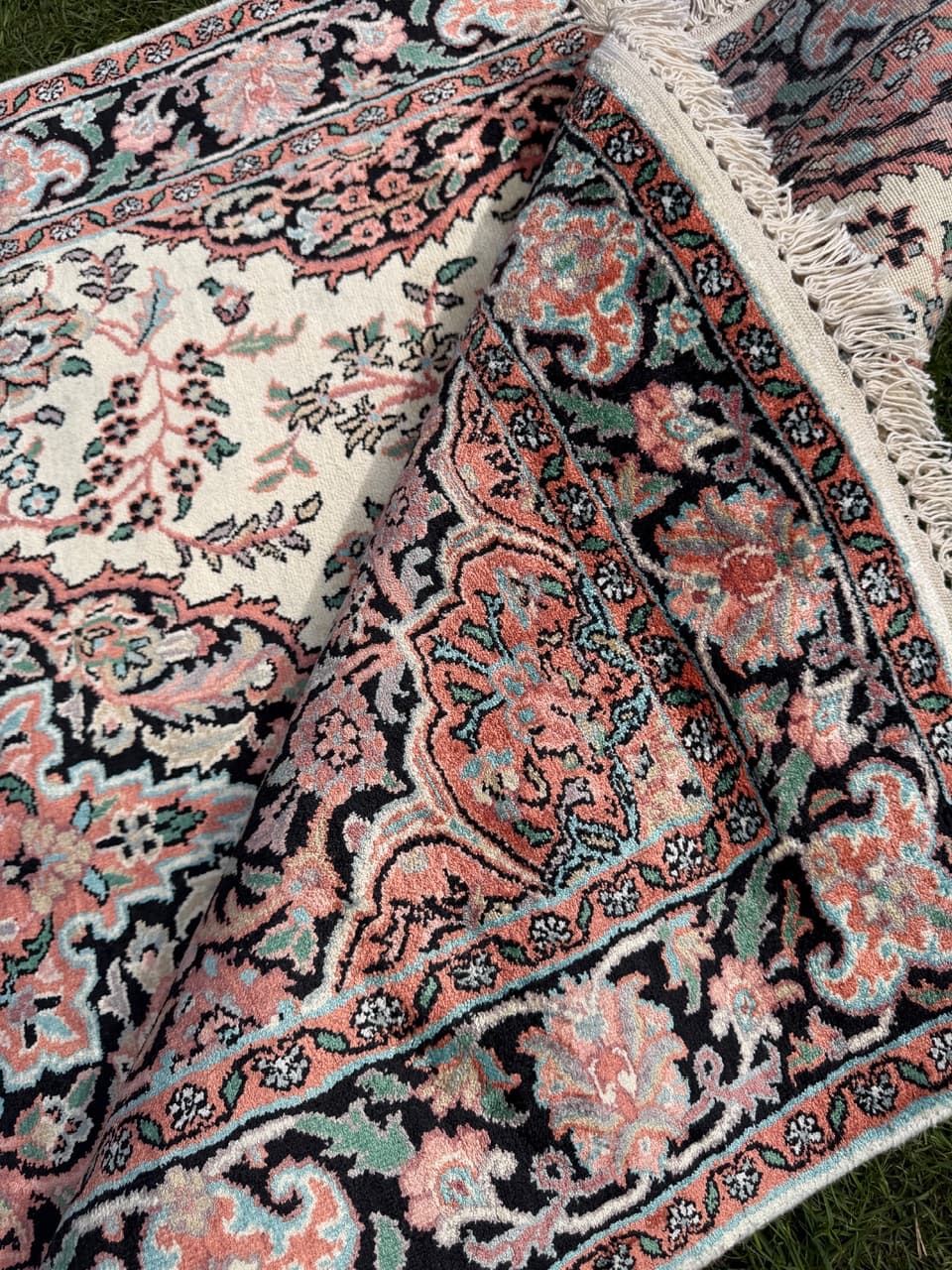 Rug Ghoum, 200x125 cm, cream silk, cotton, India - 303807