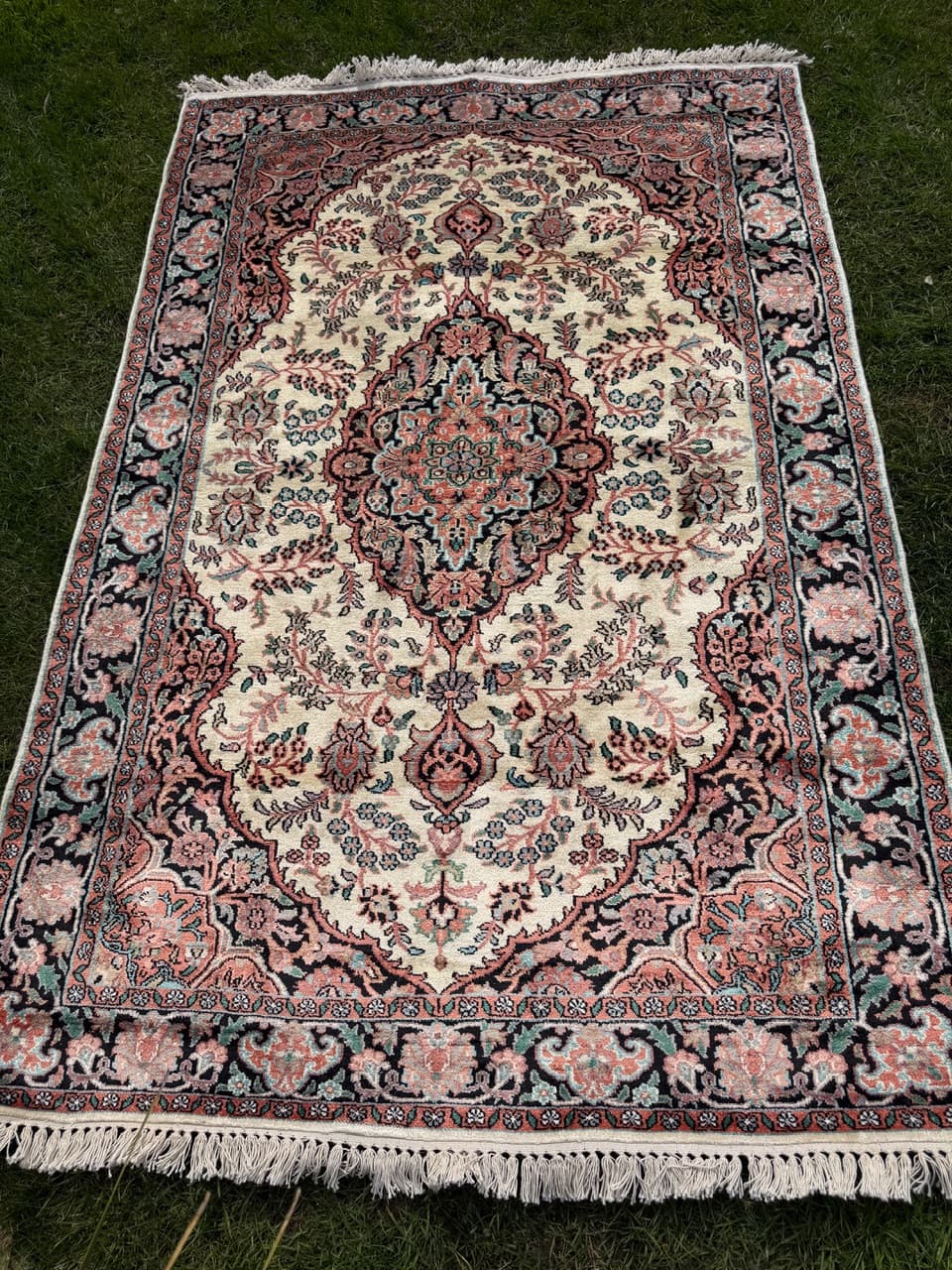 Rug Ghoum, 200x125 cm, cream silk, cotton, India - 303803