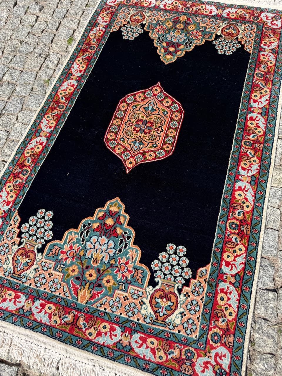 Persian Rug Ghoum/Qom 145x78 cm, navy multicolor, silk, cotton, India - 303835