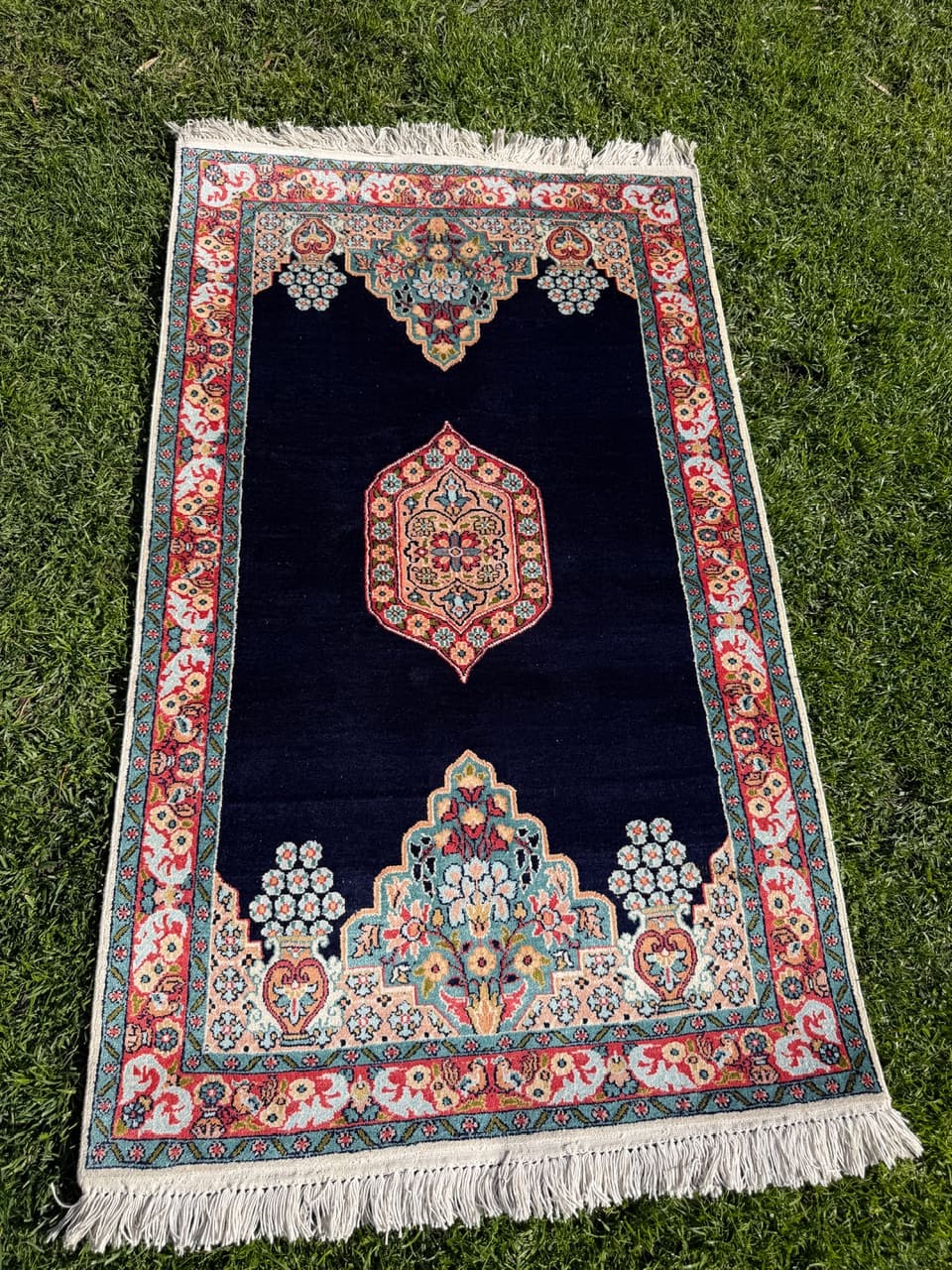 Persian Rug Ghoum/Qom 145x78 cm, navy multicolor, silk, cotton, India - 303829