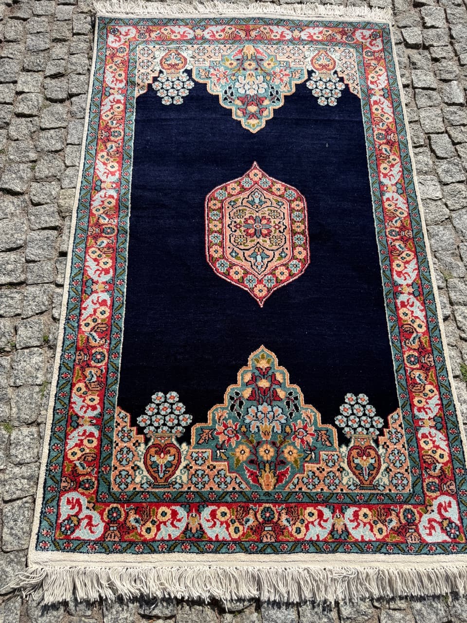 Persian Rug Ghoum/Qom 145x78 cm, navy multicolor, silk, cotton, India - 303832