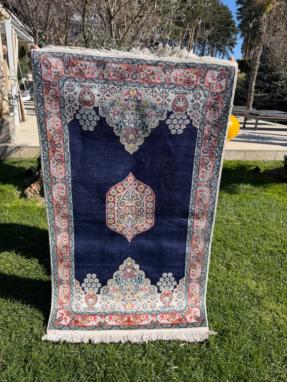 Persian Rug Ghoum/Qom 145x78 cm, navy multicolor, silk, cotton, India - 303823
