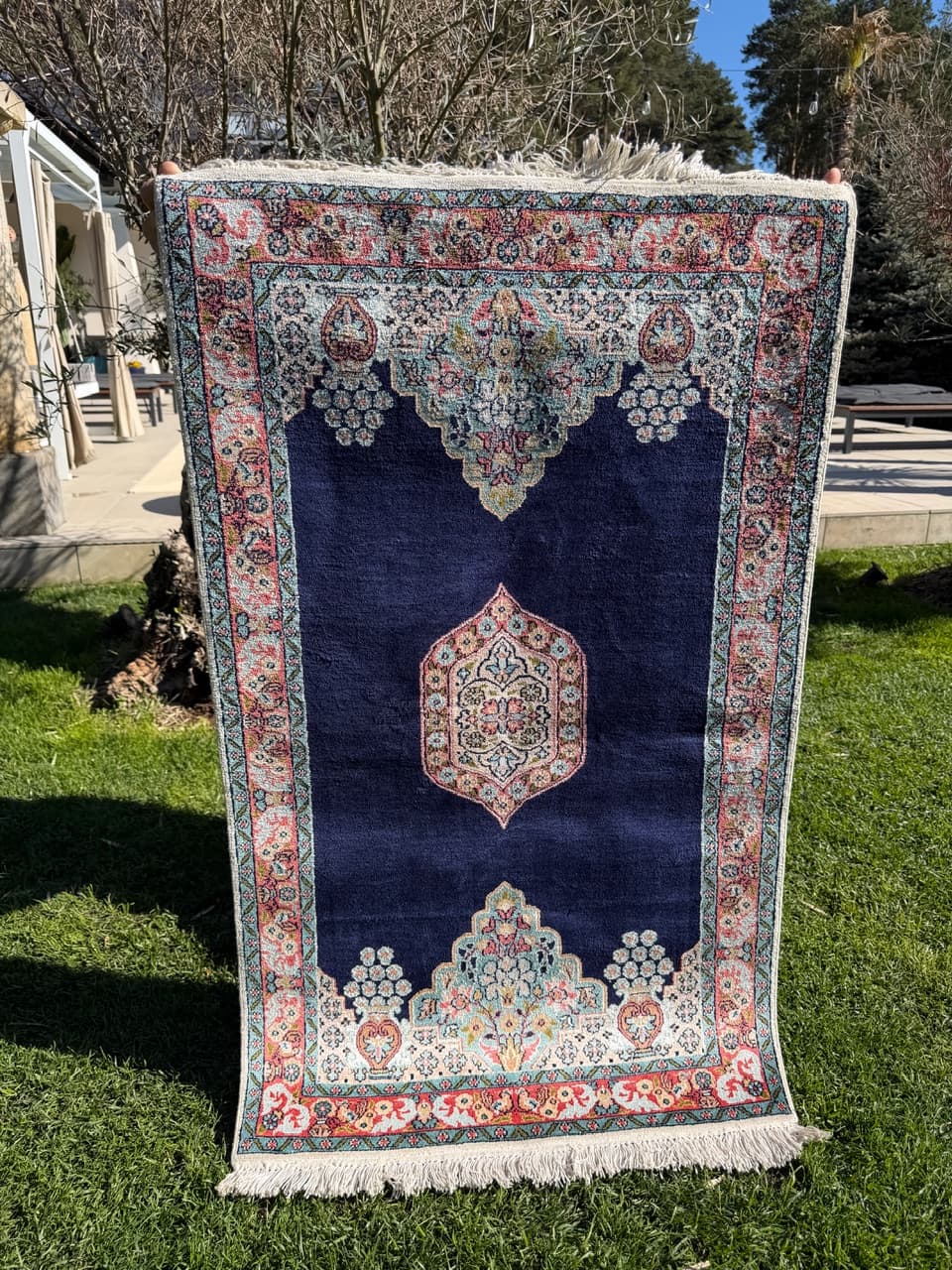 Persian Rug Ghoum/Qom 145x78 cm, navy multicolor, silk, cotton, India - 303824