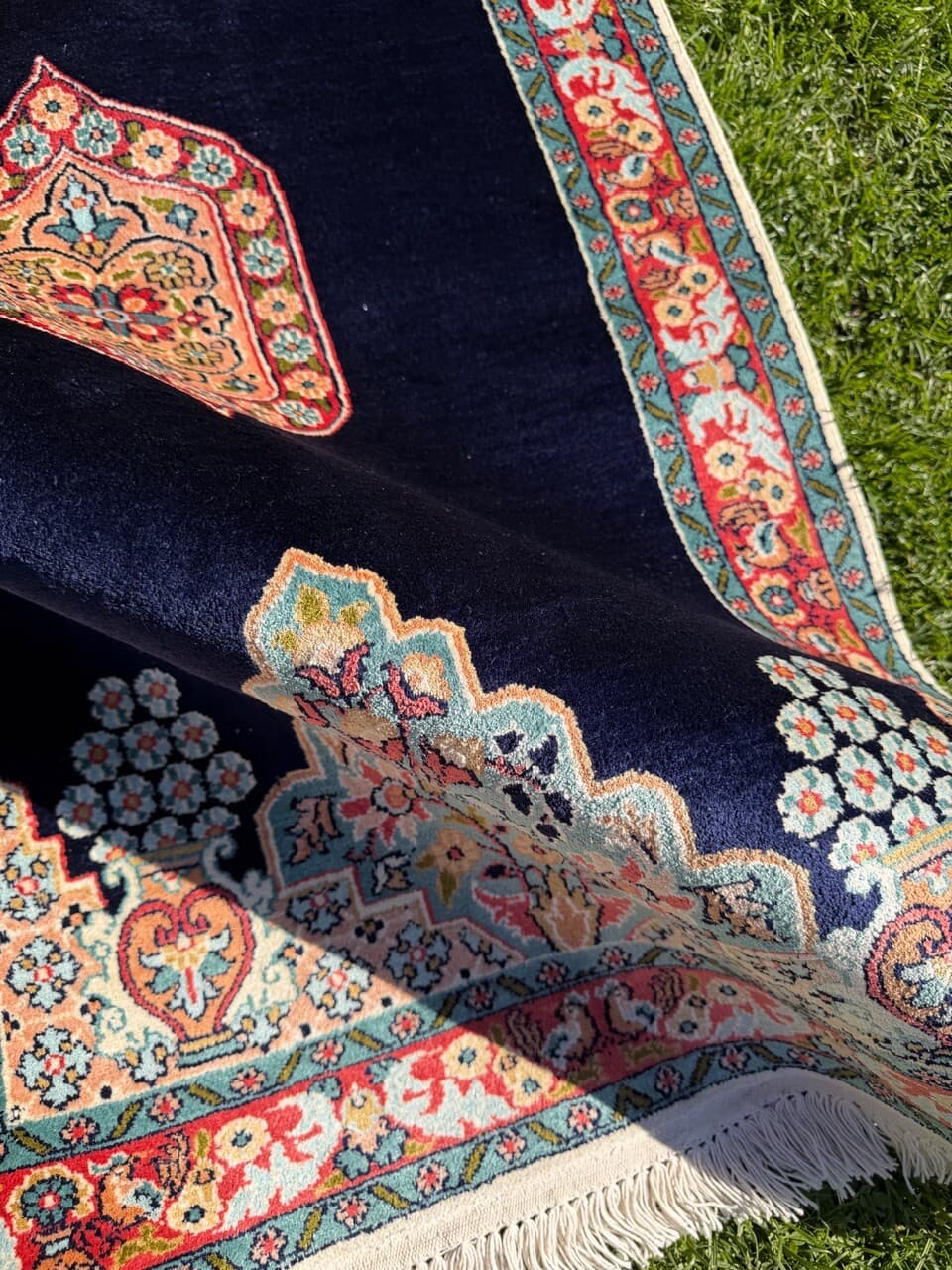 Persian Rug Ghoum/Qom 145x78 cm, navy multicolor, silk, cotton, India - 303830