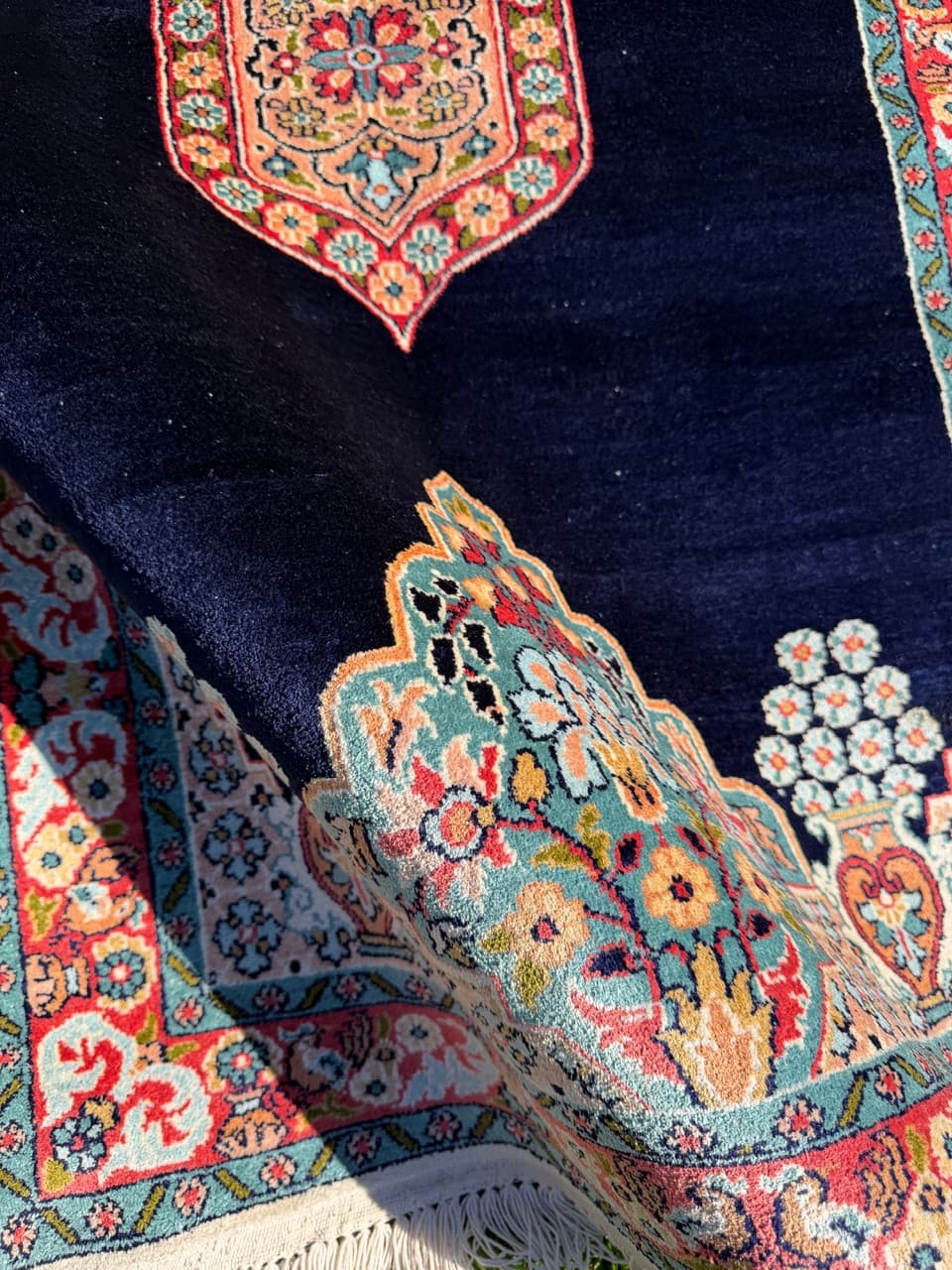 Persian Rug Ghoum/Qom 145x78 cm, navy multicolor, silk, cotton, India - 303828