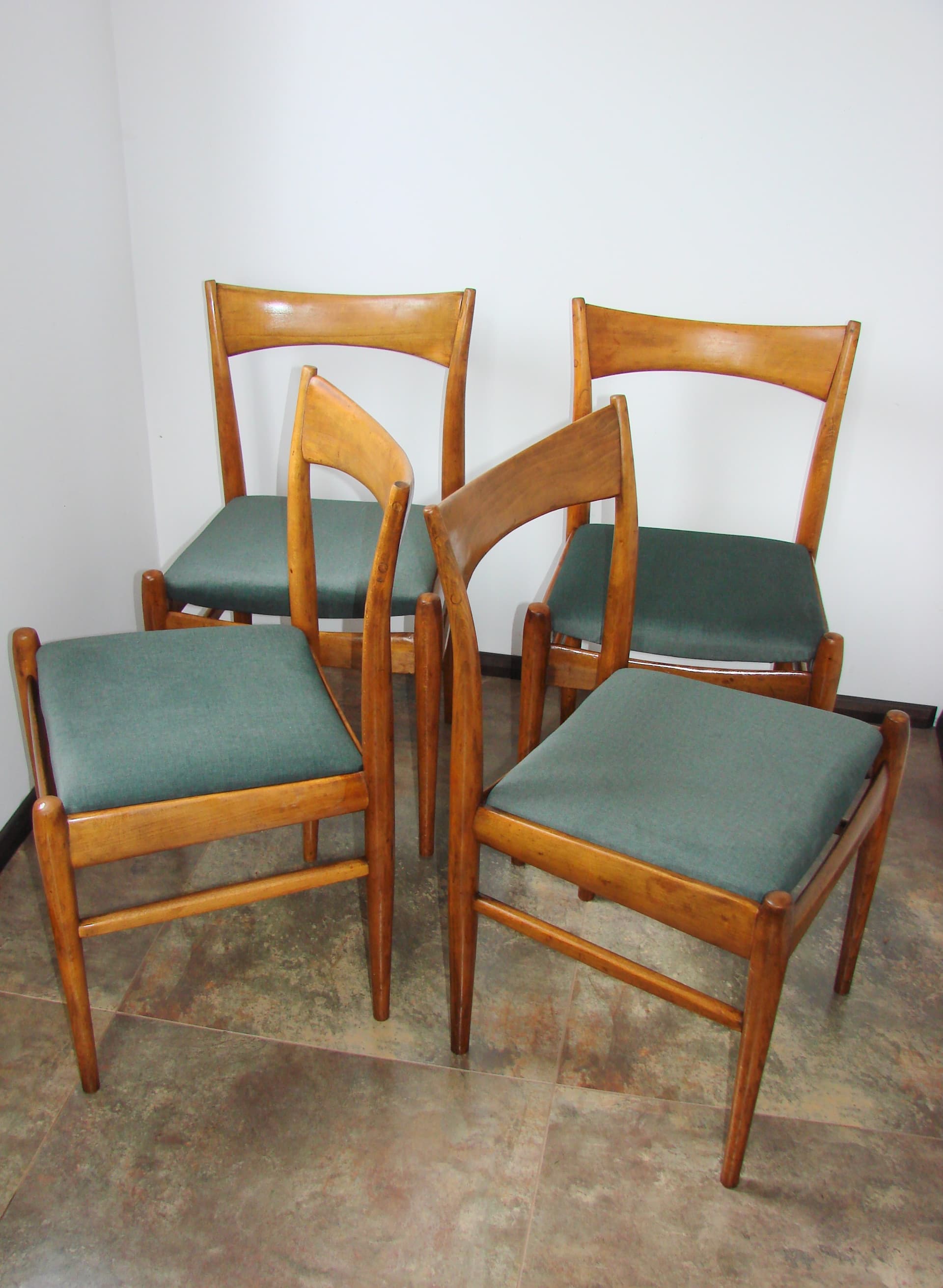 Set of four Scandinavian chairs, brown beech, green fabric, Scandinavia, 1970s. - 303873