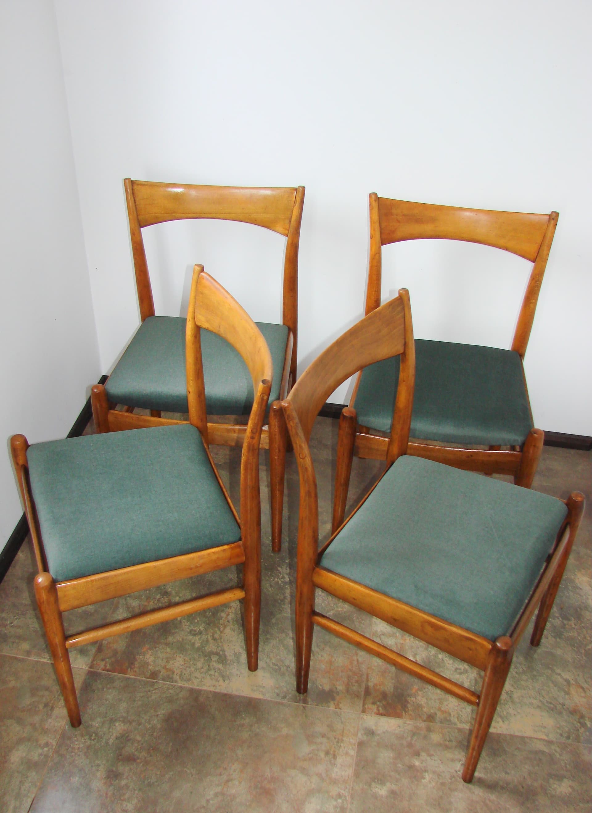 Set of four Scandinavian chairs, brown beech, green fabric, Scandinavia, 1970s. - 303871