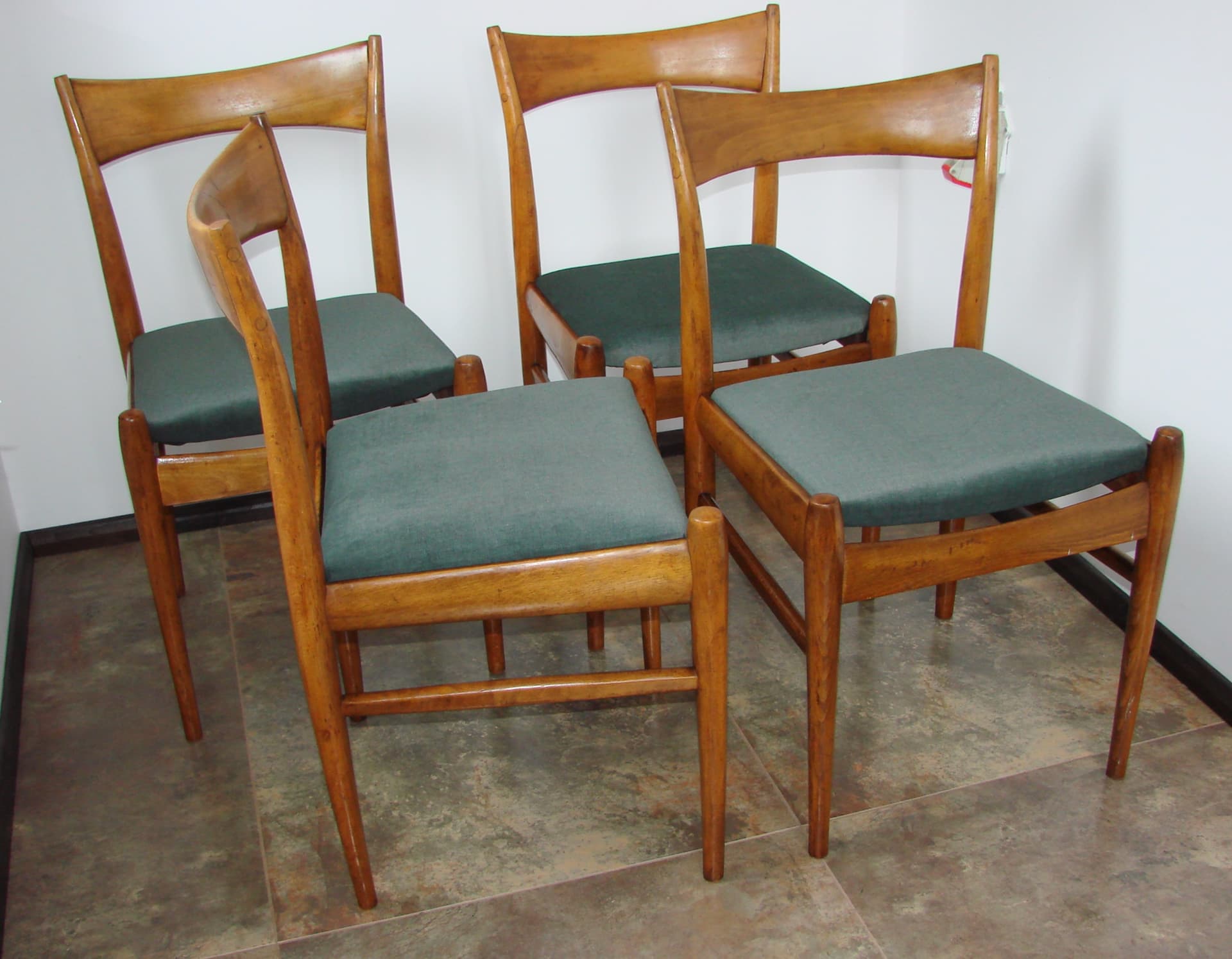 Set of four Scandinavian chairs, brown beech, green fabric, Scandinavia, 1970s. - 303875