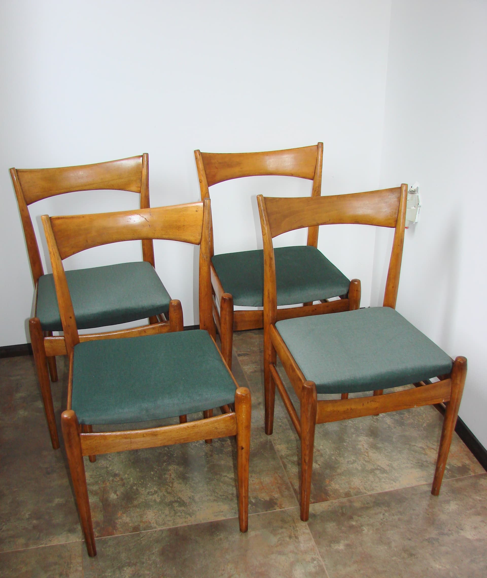 Set of four Scandinavian chairs, brown beech, green fabric, Scandinavia, 1970s. - 303869