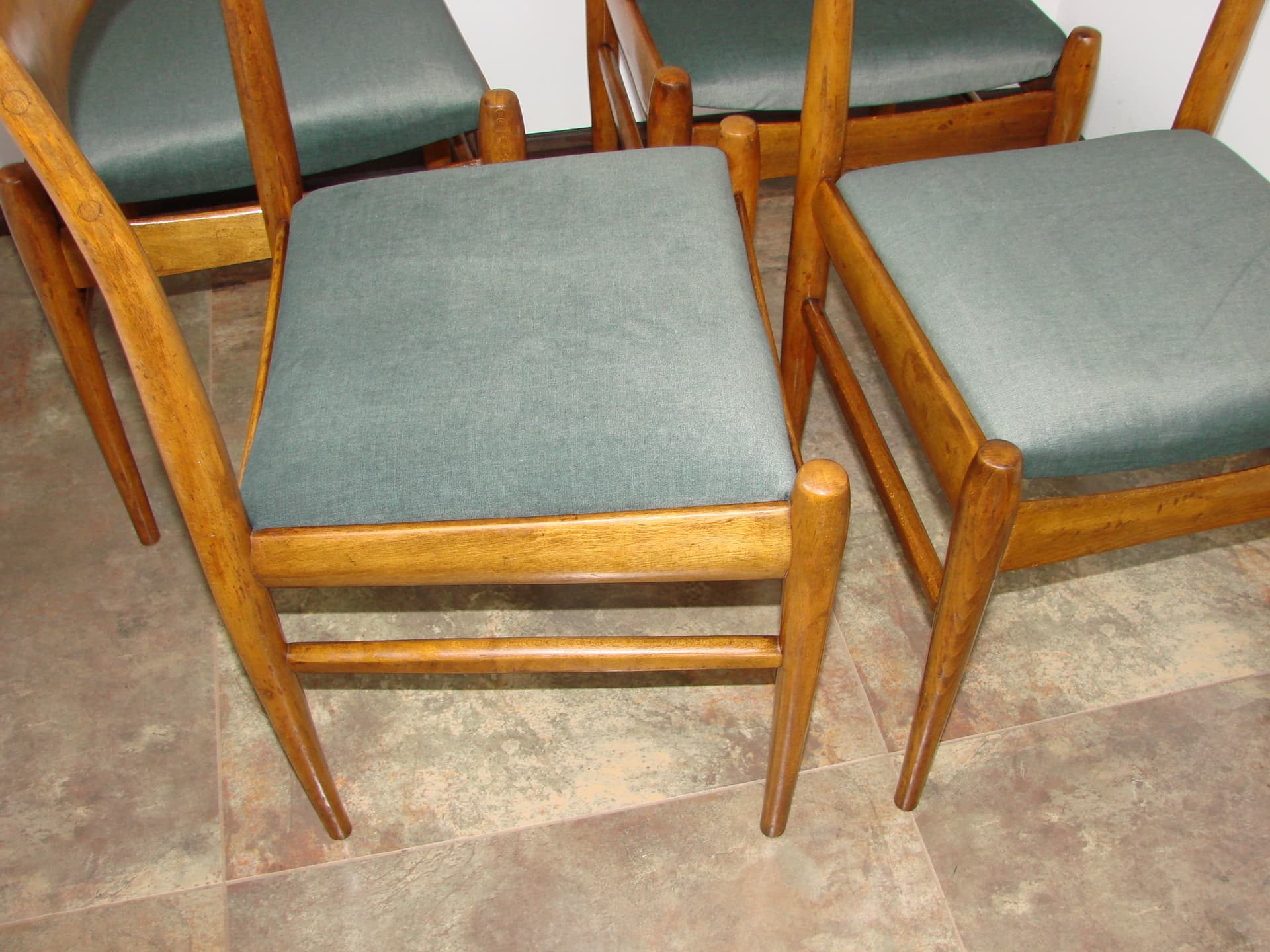 Set of four Scandinavian chairs, brown beech, green fabric, Scandinavia, 1970s. - 303876