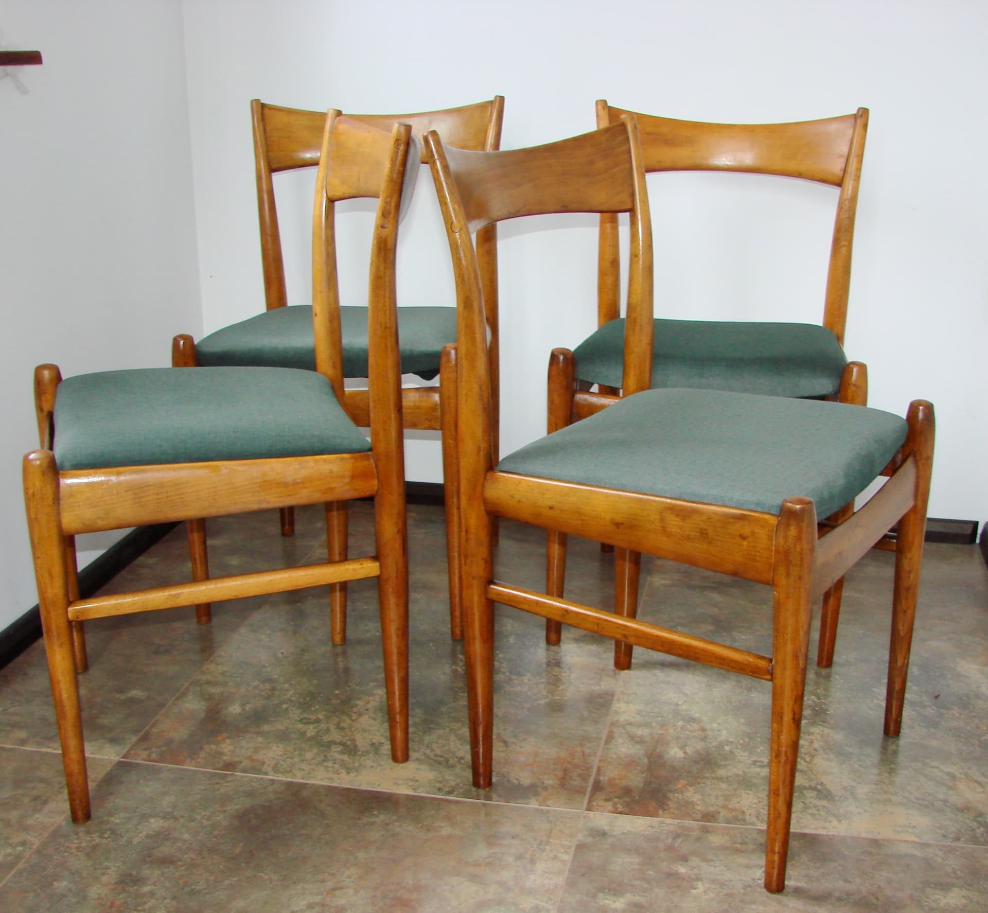 Set of four Scandinavian chairs, brown beech, green fabric, Scandinavia, 1970s. - 303870