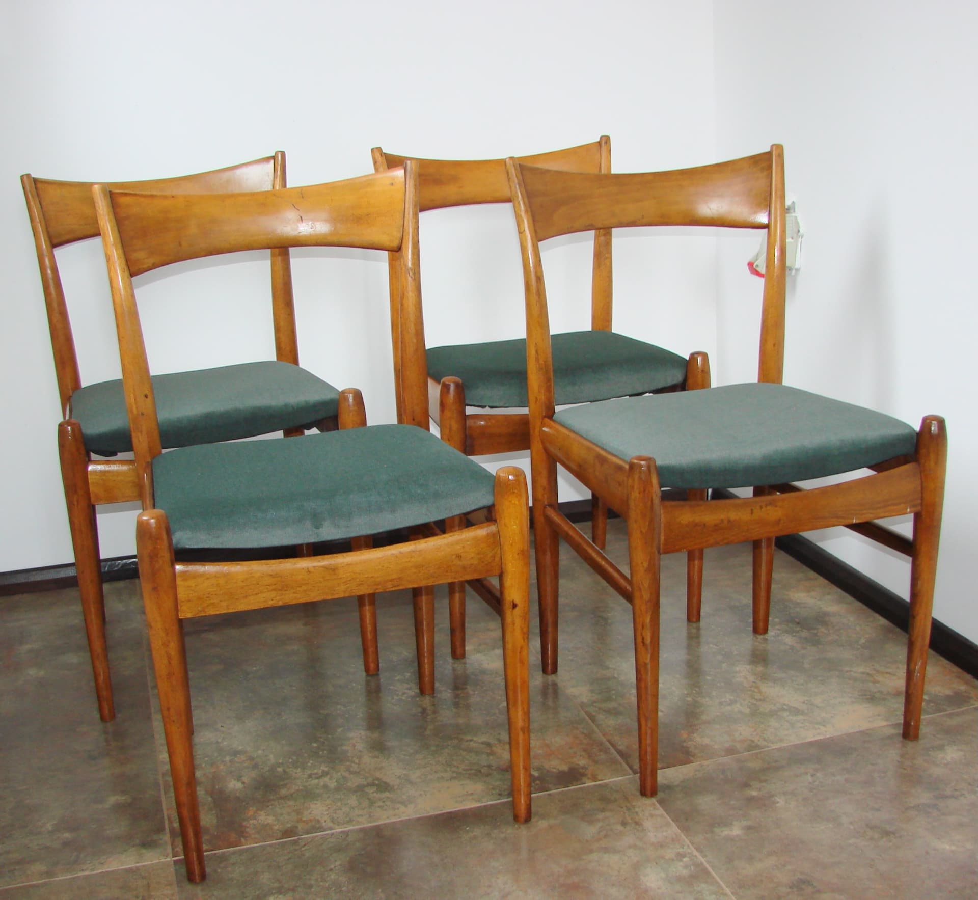 Set of four Scandinavian chairs, brown beech, green fabric, Scandinavia, 1970s. - 303874