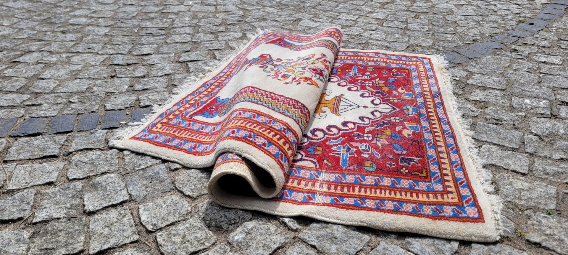 Dywan Buchara 93x63 cm, beżowy czerwony niebieski żółty, wełna bawełna, Pakistan - 303946