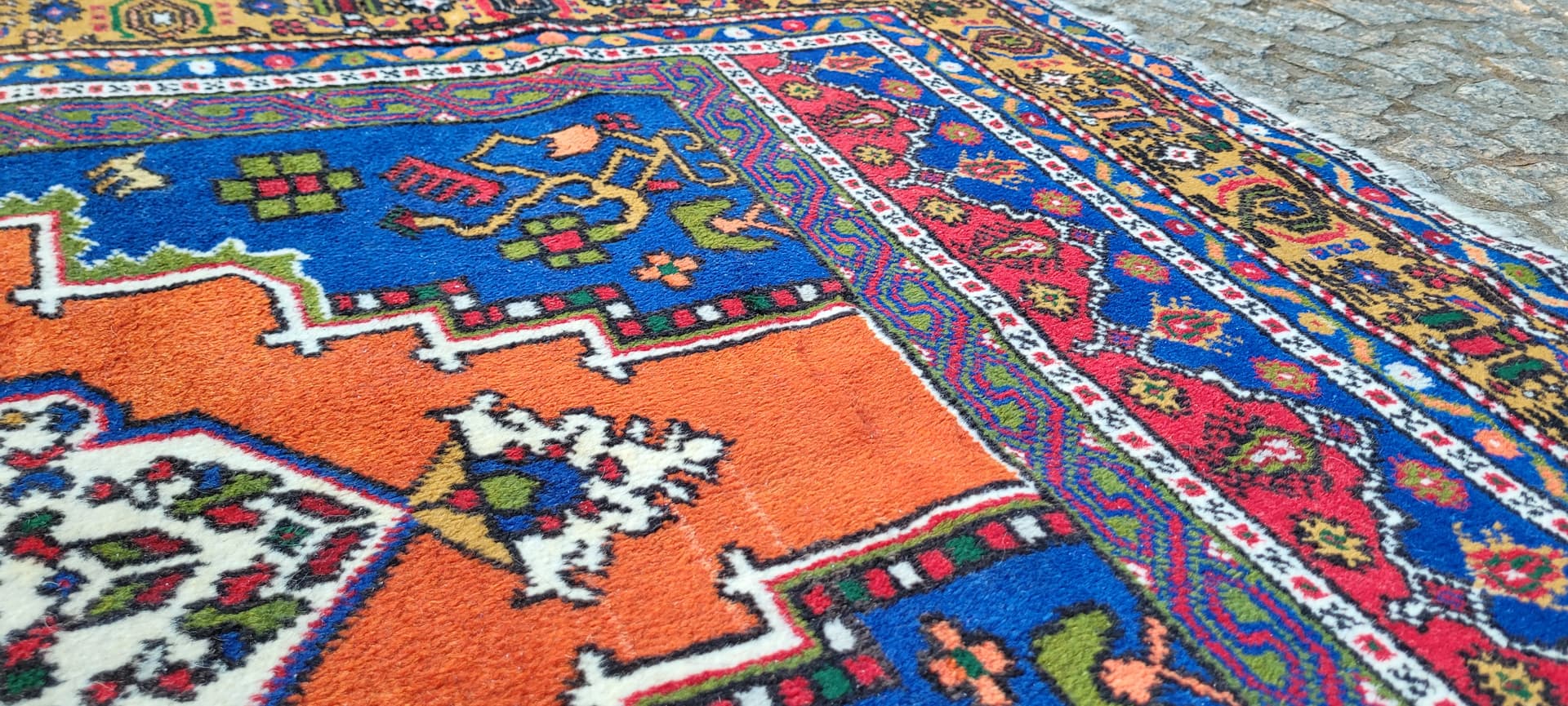 Dywan anatolijski, 130x215 cm, pomarańczowy niebieski, wełna, Turcja, początek XX w. - 304038