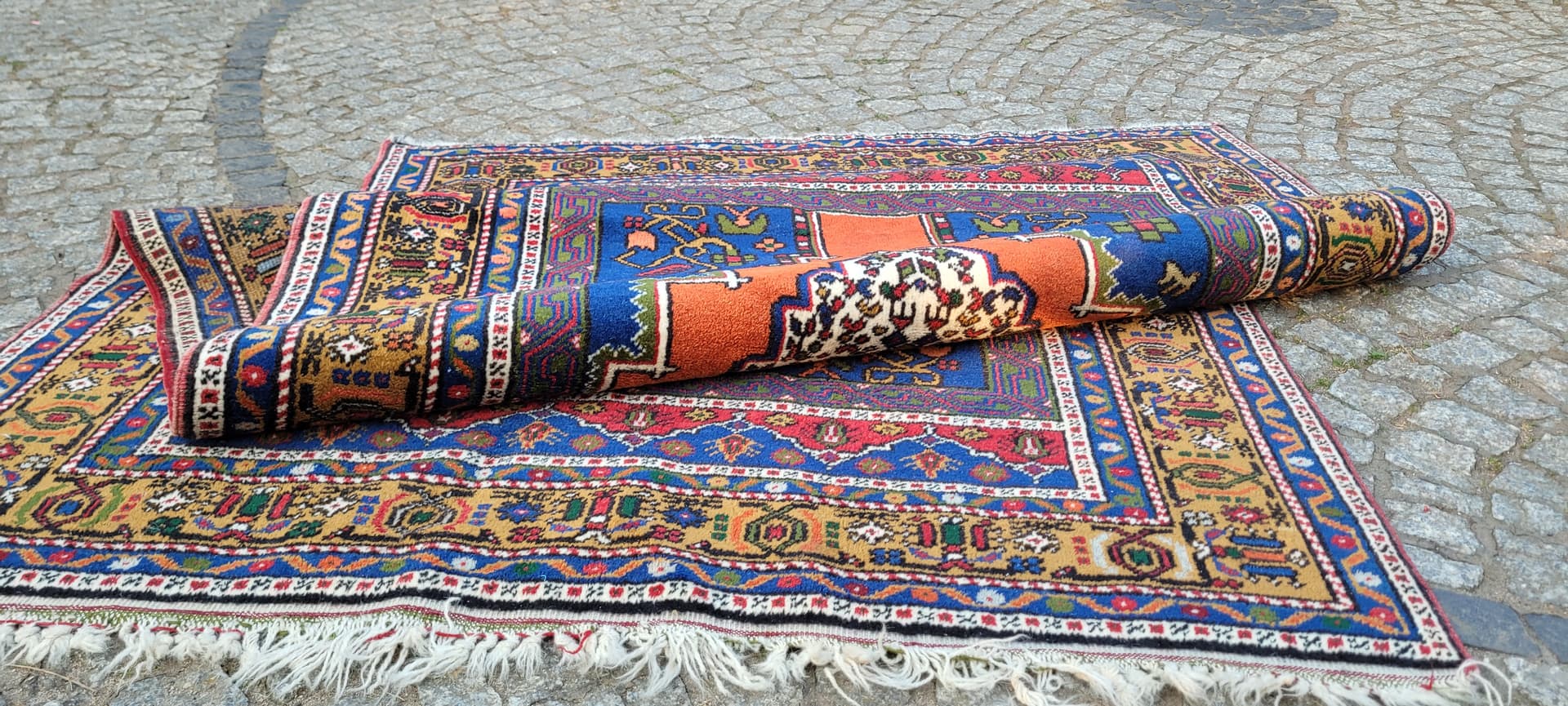 Dywan anatolijski, 130x215 cm, pomarańczowy niebieski, wełna, Turcja, początek XX w. - 304039