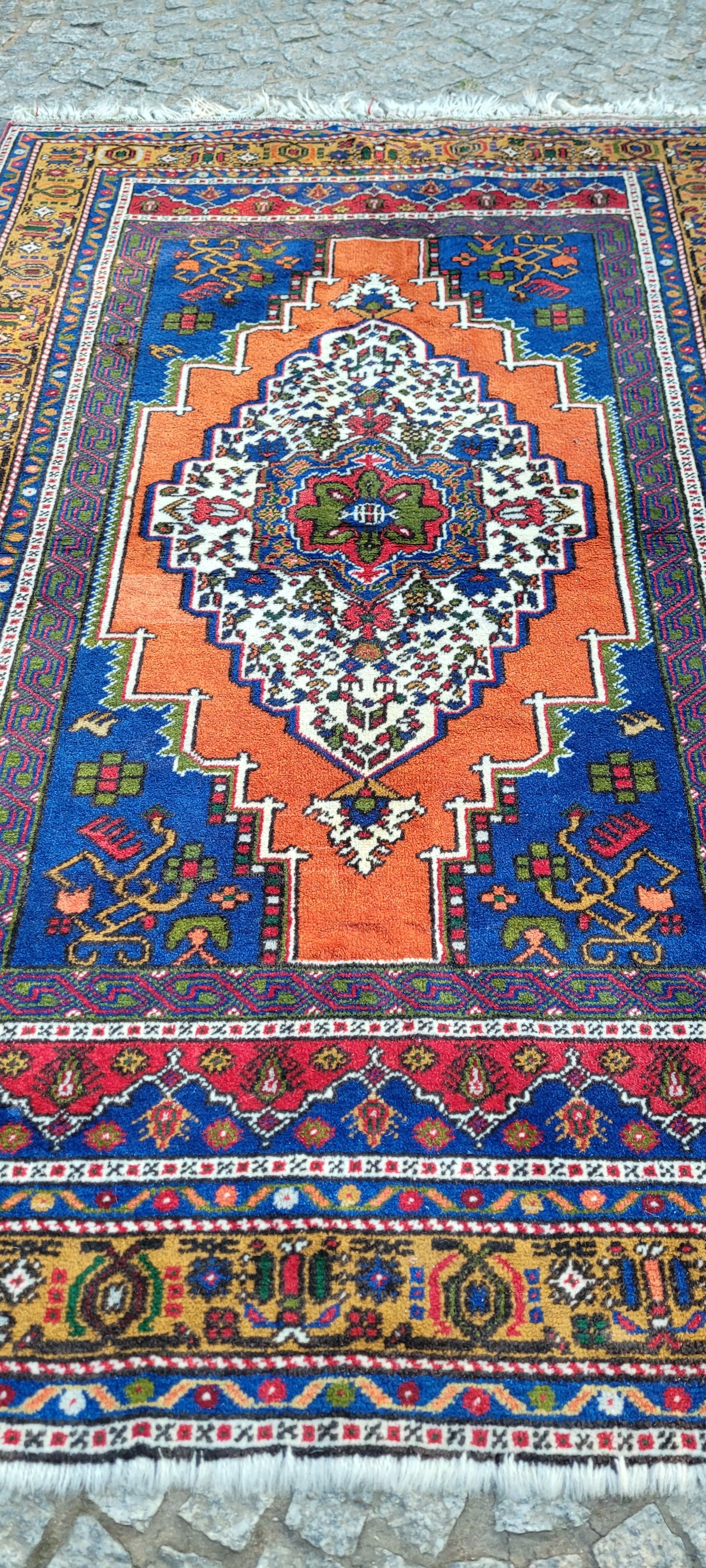 Dywan anatolijski, 130x215 cm, pomarańczowy niebieski, wełna, Turcja, początek XX w. - 304045