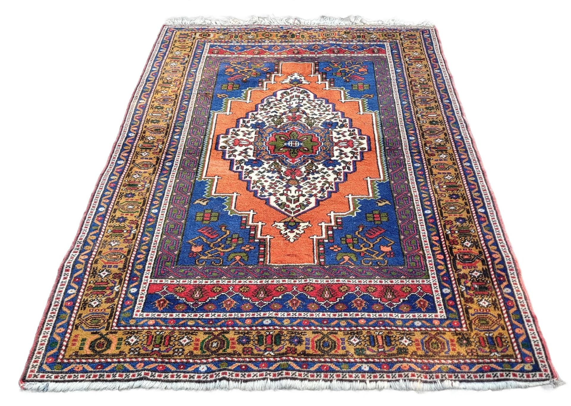 Dywan anatolijski, 130x215 cm, pomarańczowy niebieski, wełna, Turcja, początek XX w.