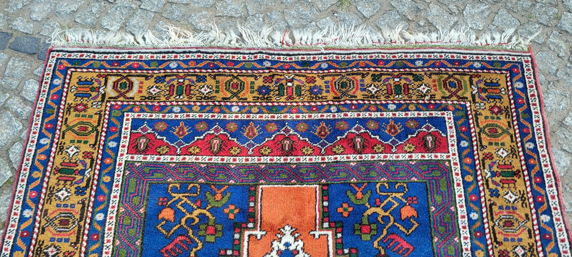 Dywan anatolijski, 130x215 cm, pomarańczowy niebieski, wełna, Turcja, początek XX w. - 304048