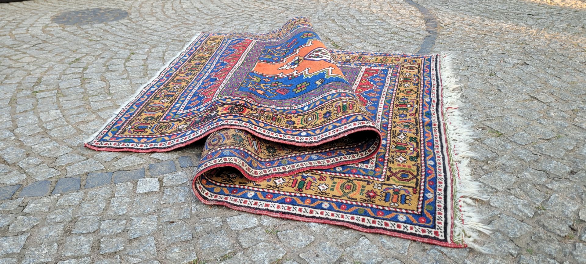 Dywan anatolijski, 130x215 cm, pomarańczowy niebieski, wełna, Turcja, początek XX w. - 304037