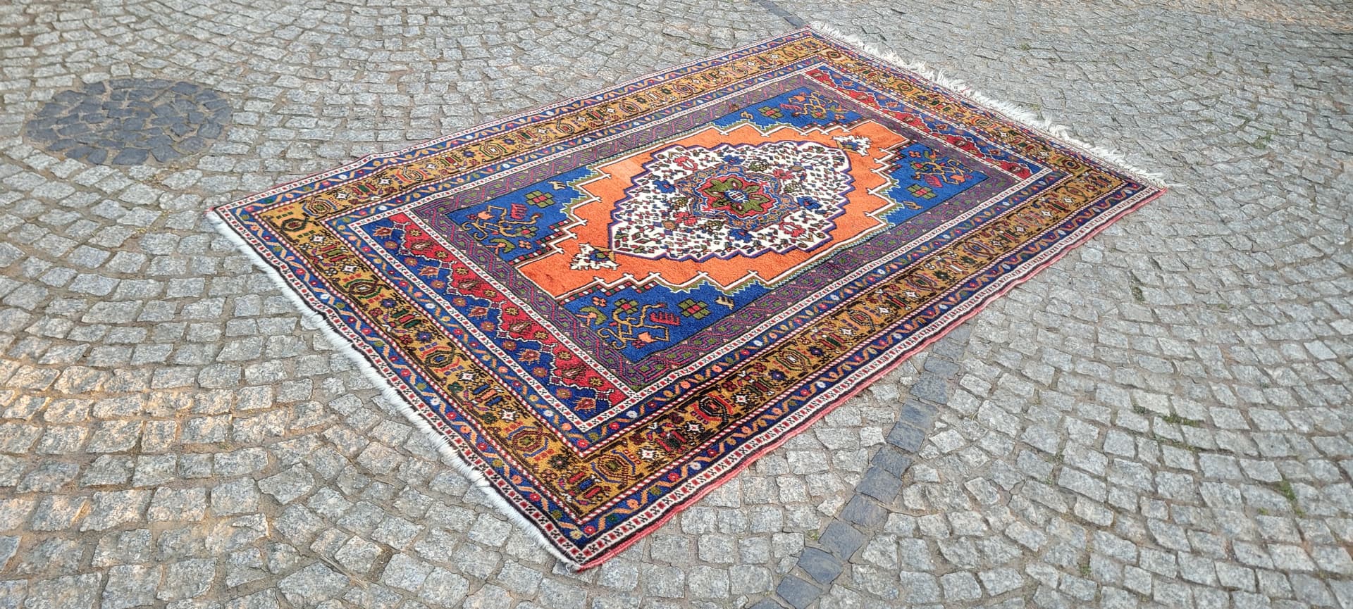 Dywan anatolijski, 130x215 cm, pomarańczowy niebieski, wełna, Turcja, początek XX w. - 304043