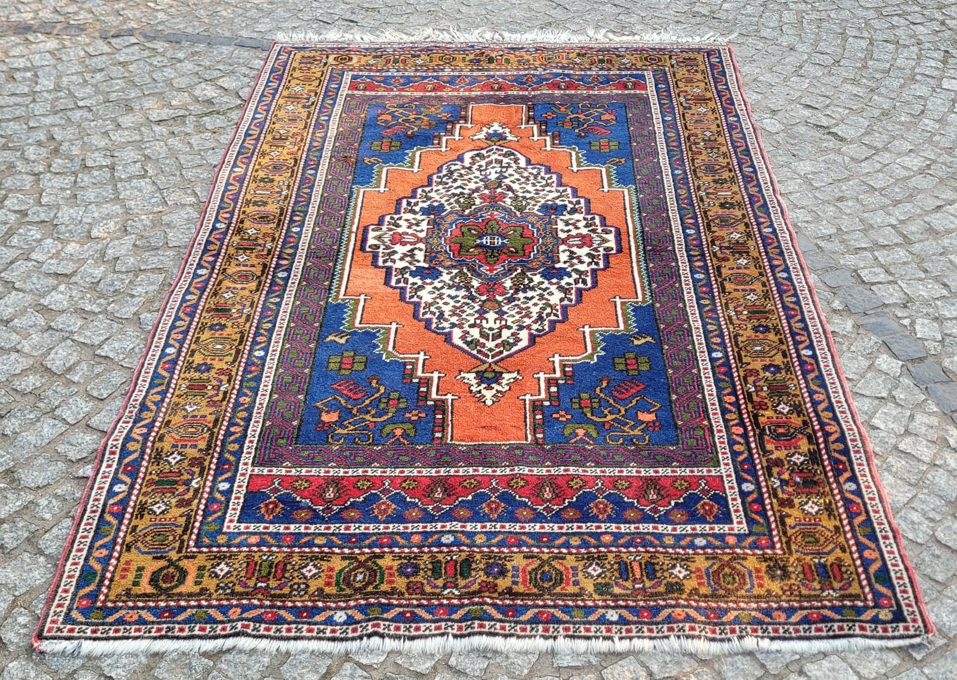 Dywan anatolijski, 130x215 cm, pomarańczowy niebieski, wełna, Turcja, początek XX w. - 304035