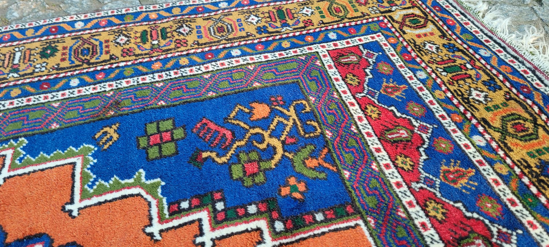 Dywan anatolijski, 130x215 cm, pomarańczowy niebieski, wełna, Turcja, początek XX w. - 304042