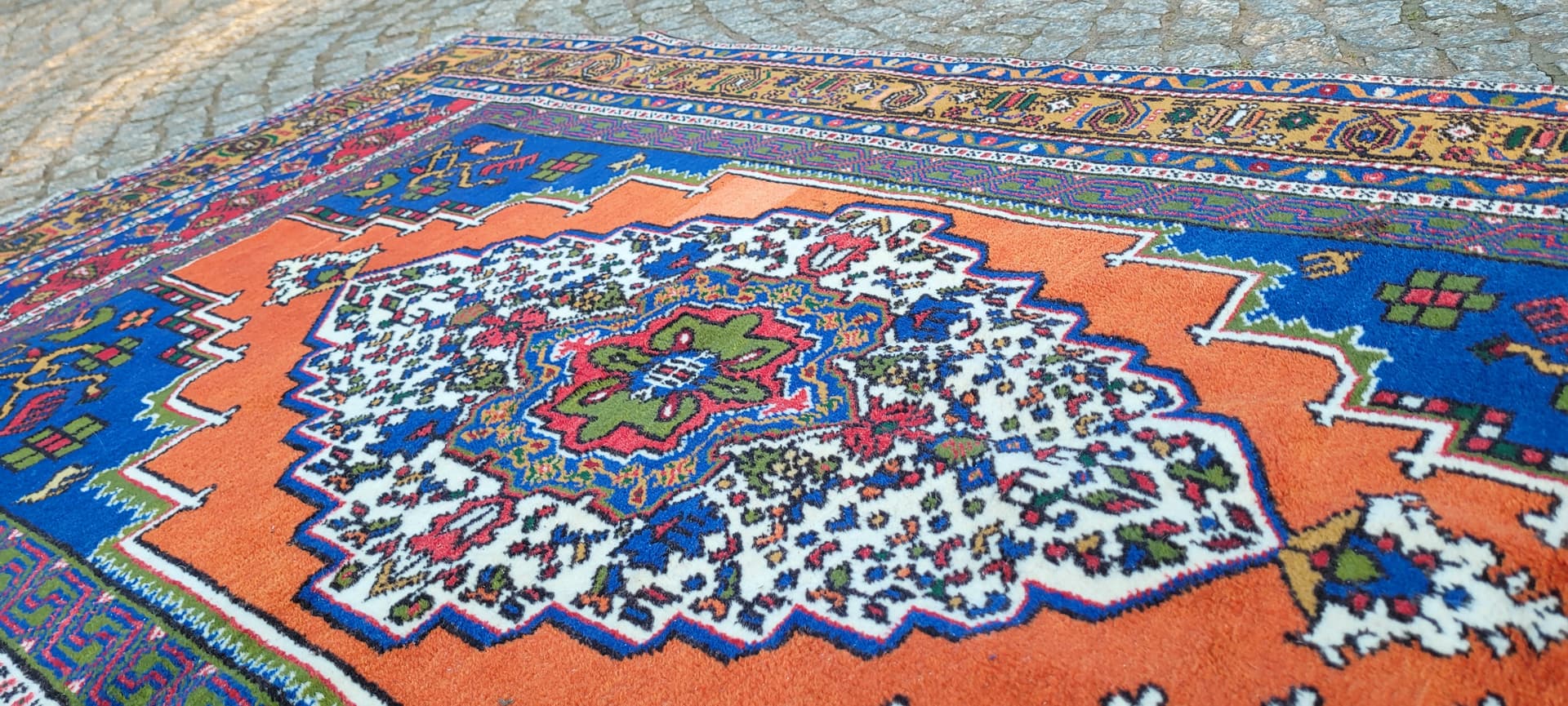 Dywan anatolijski, 130x215 cm, pomarańczowy niebieski, wełna, Turcja, początek XX w. - 304036