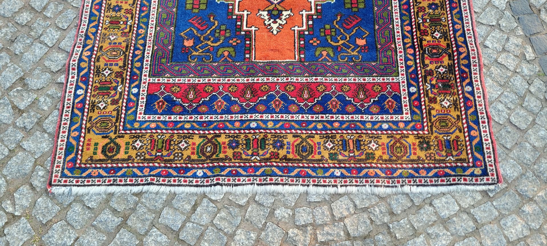 Dywan anatolijski, 130x215 cm, pomarańczowy niebieski, wełna, Turcja, początek XX w. - 304049