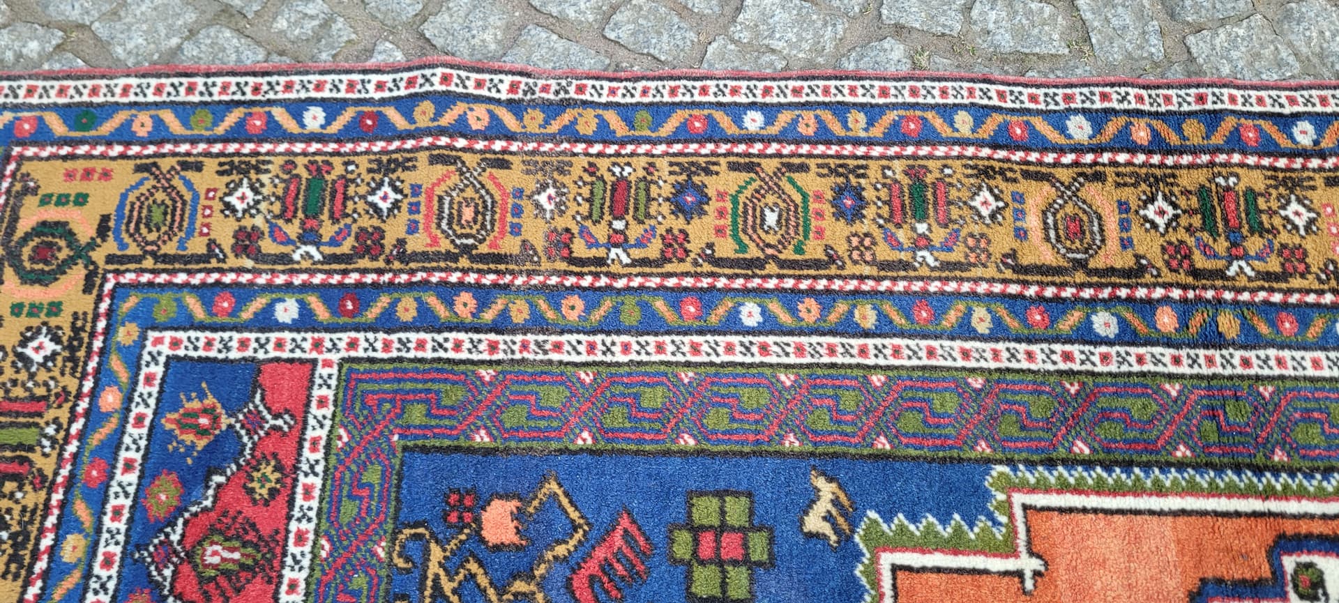 Dywan anatolijski, 130x215 cm, pomarańczowy niebieski, wełna, Turcja, początek XX w. - 304046