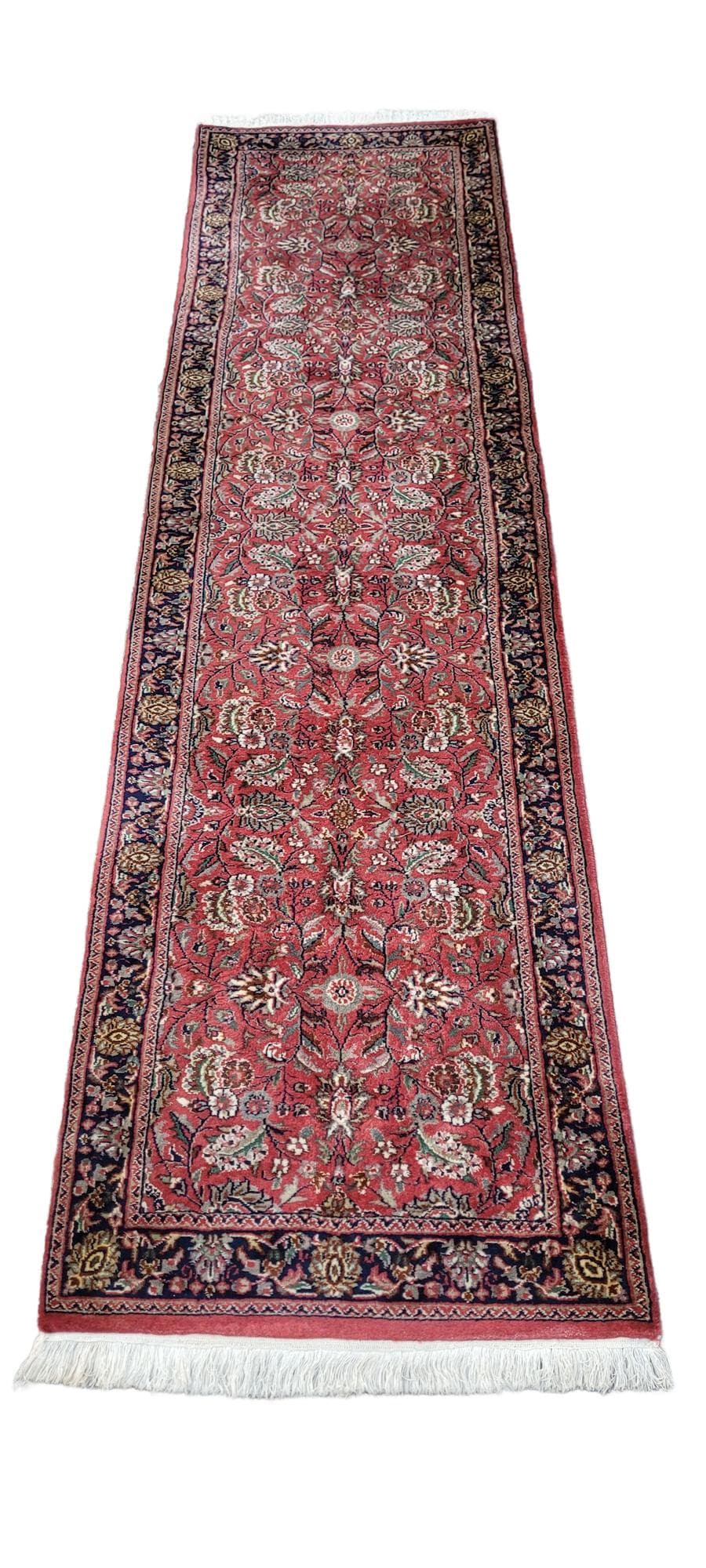 Runner Indo Saroug, 77x300 cm, red wool, white cotton, India, 1980s.